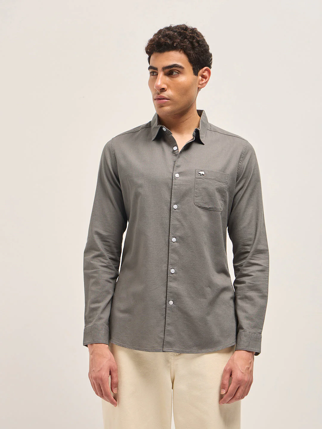 Men Grey Cotton Linen Slim Fit Solid Casual Shirt - Image 6
