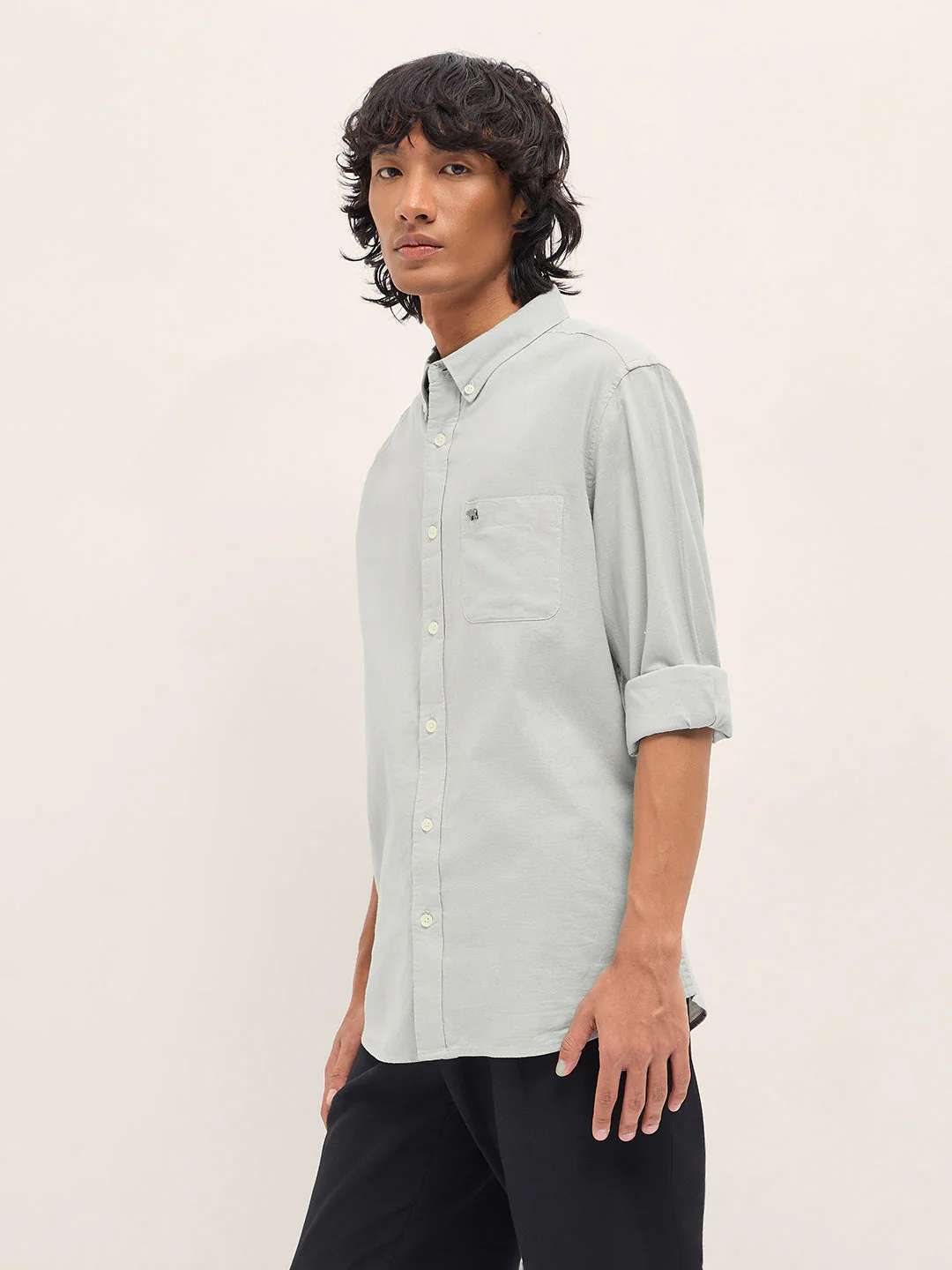 Men Grey Cotton Linen Solid Slim Fit Casual Shirt - Image 3