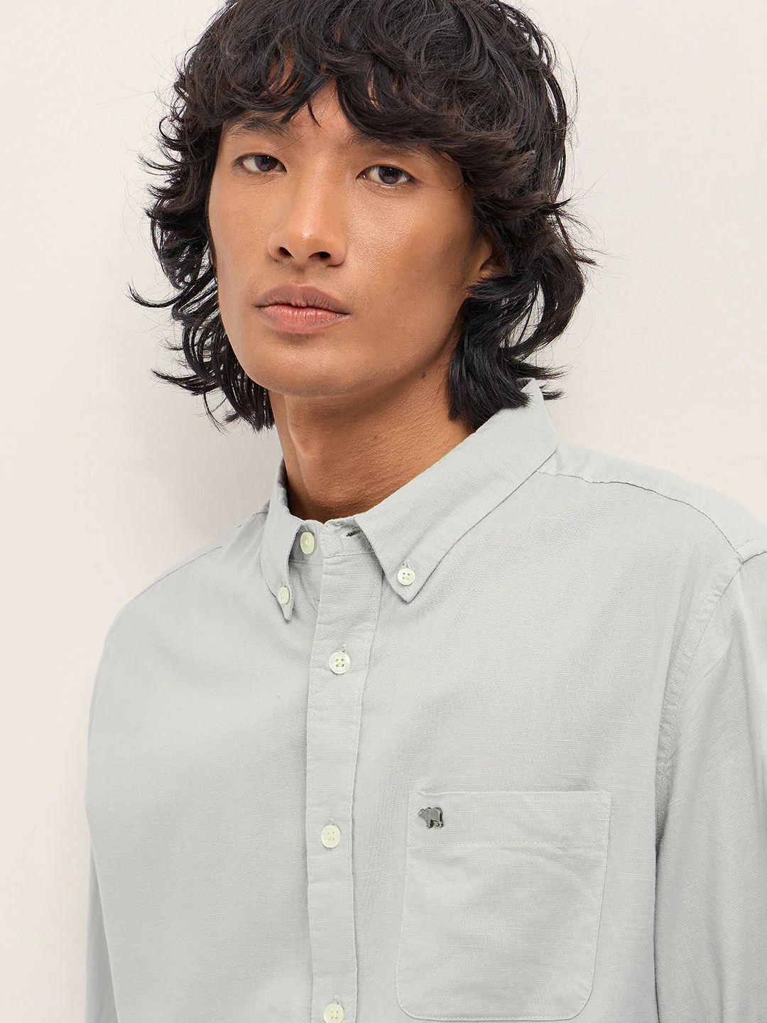 Men Grey Cotton Linen Solid Slim Fit Casual Shirt - Image 5