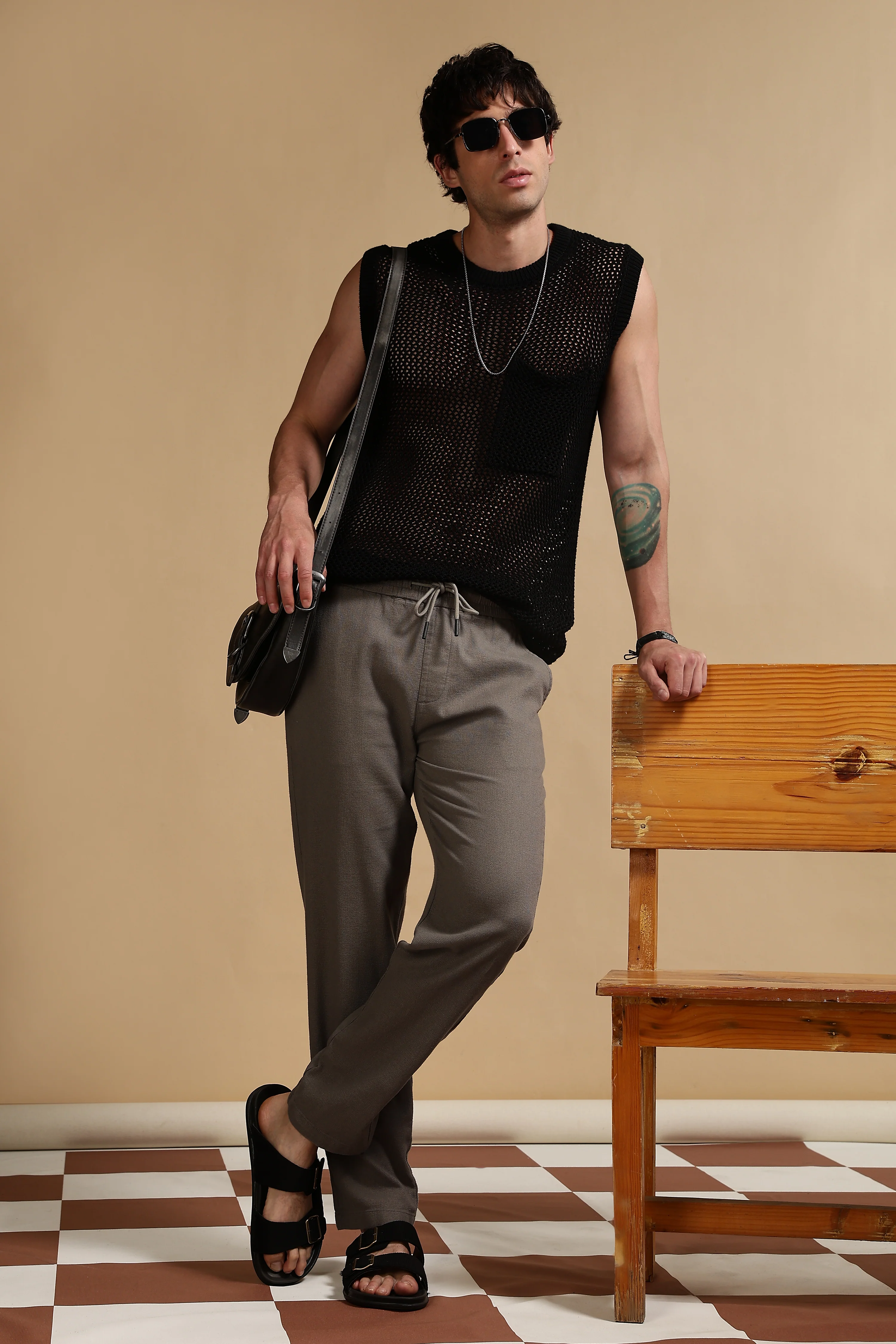 Men Grey Cotton Loose Fit Drawcord Pants - Image 2