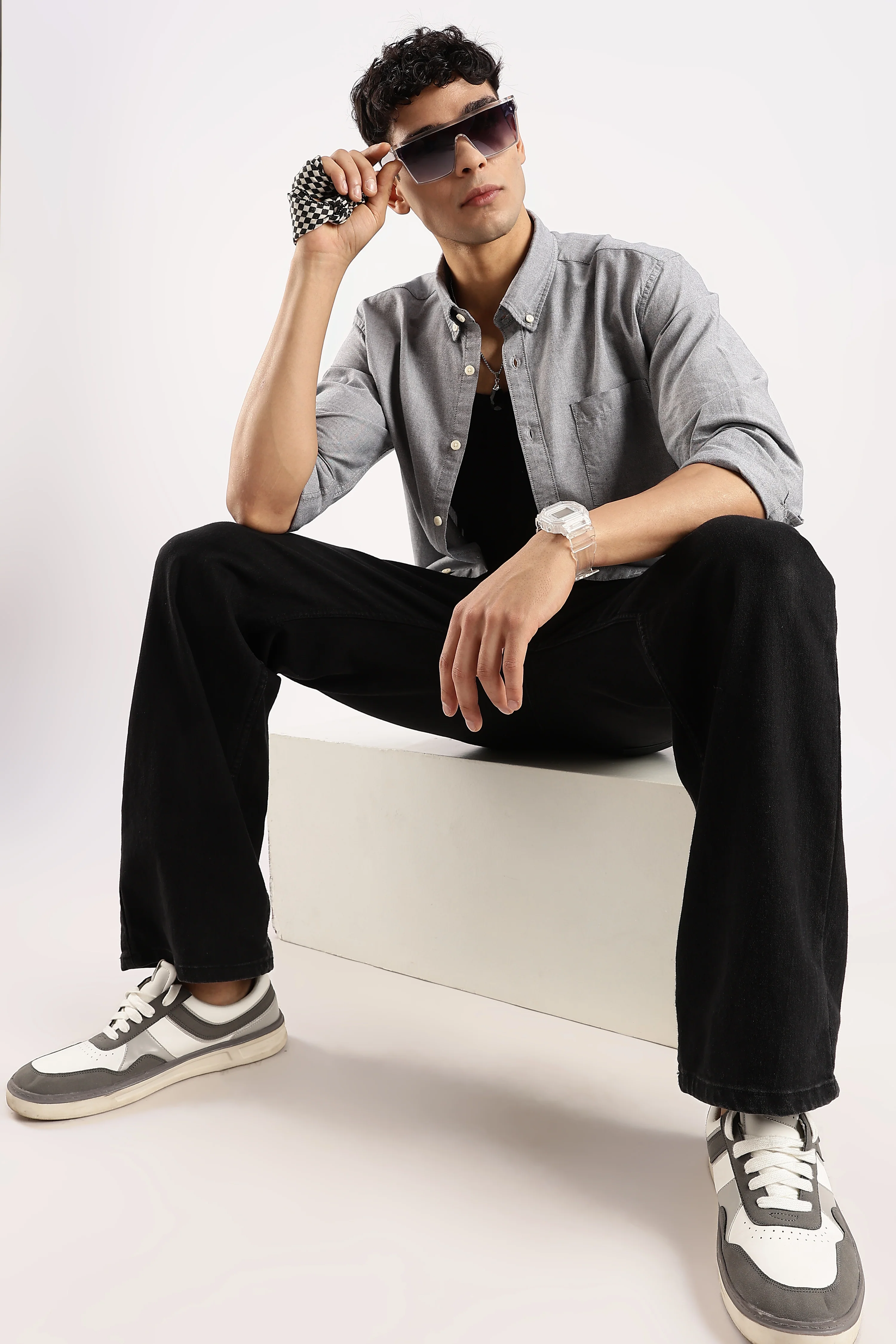 Men Grey Cotton Oxford Shirt - Image 10