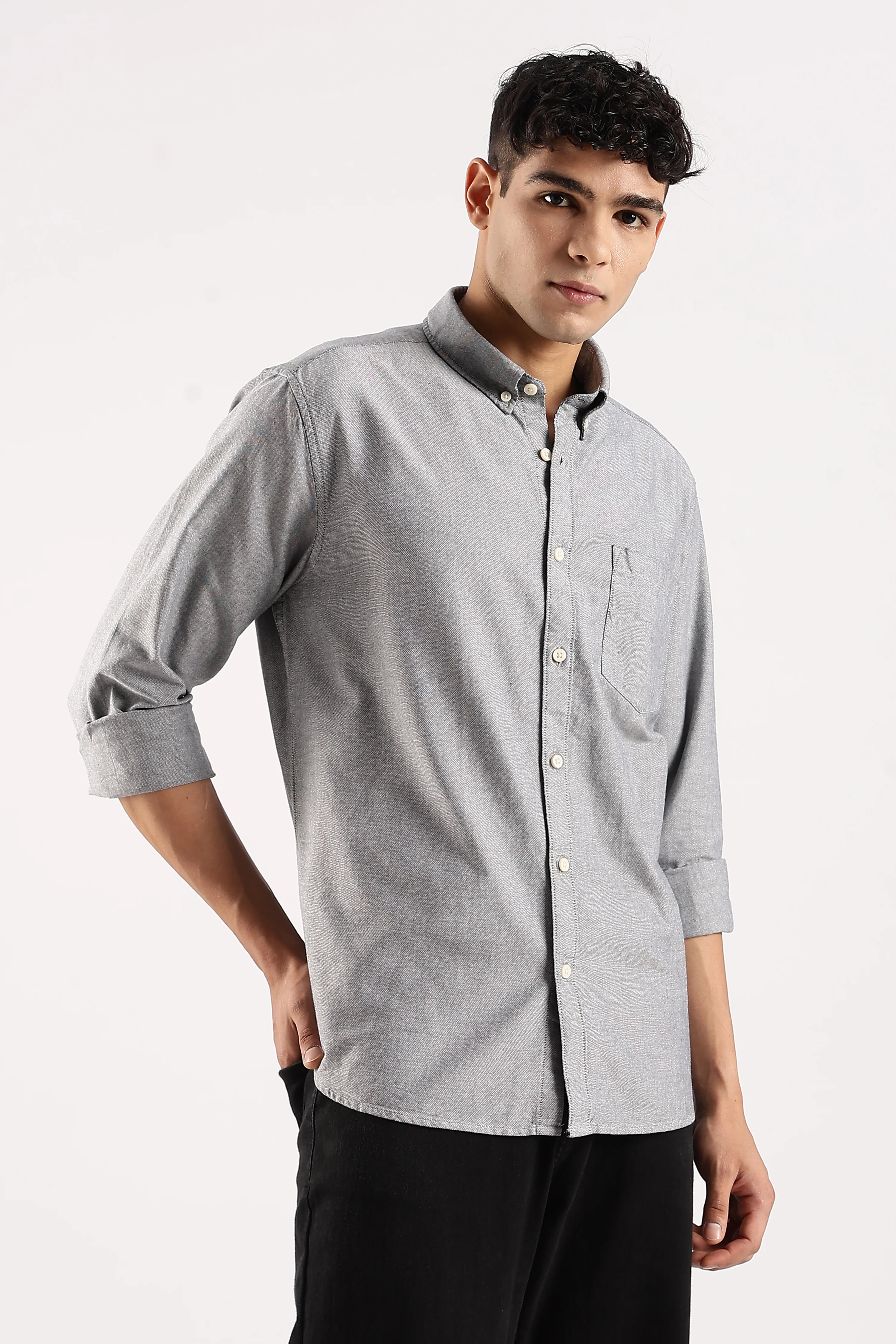 Men Grey Cotton Oxford Shirt - Image 2