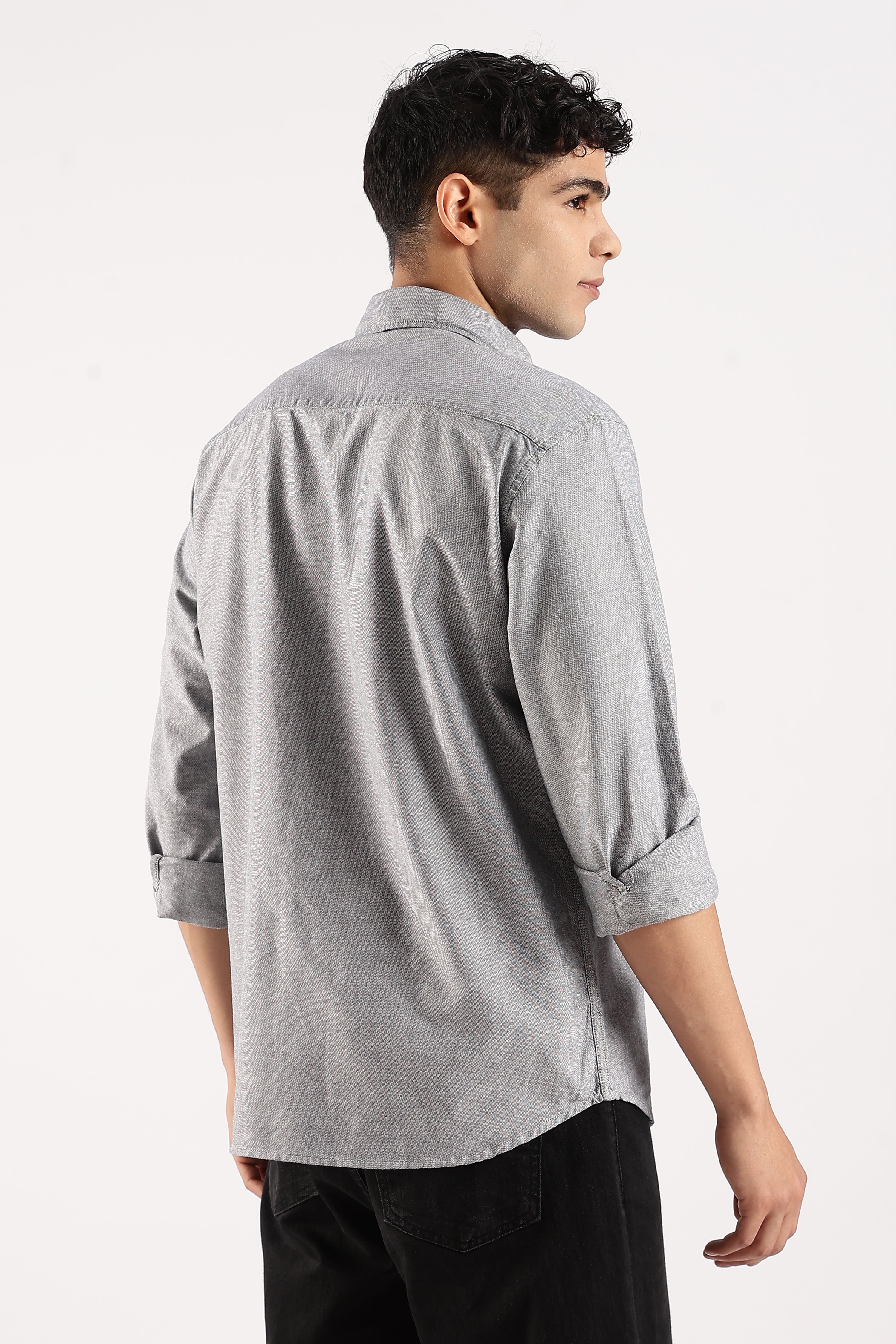 Men Grey Cotton Oxford Shirt - Image 3