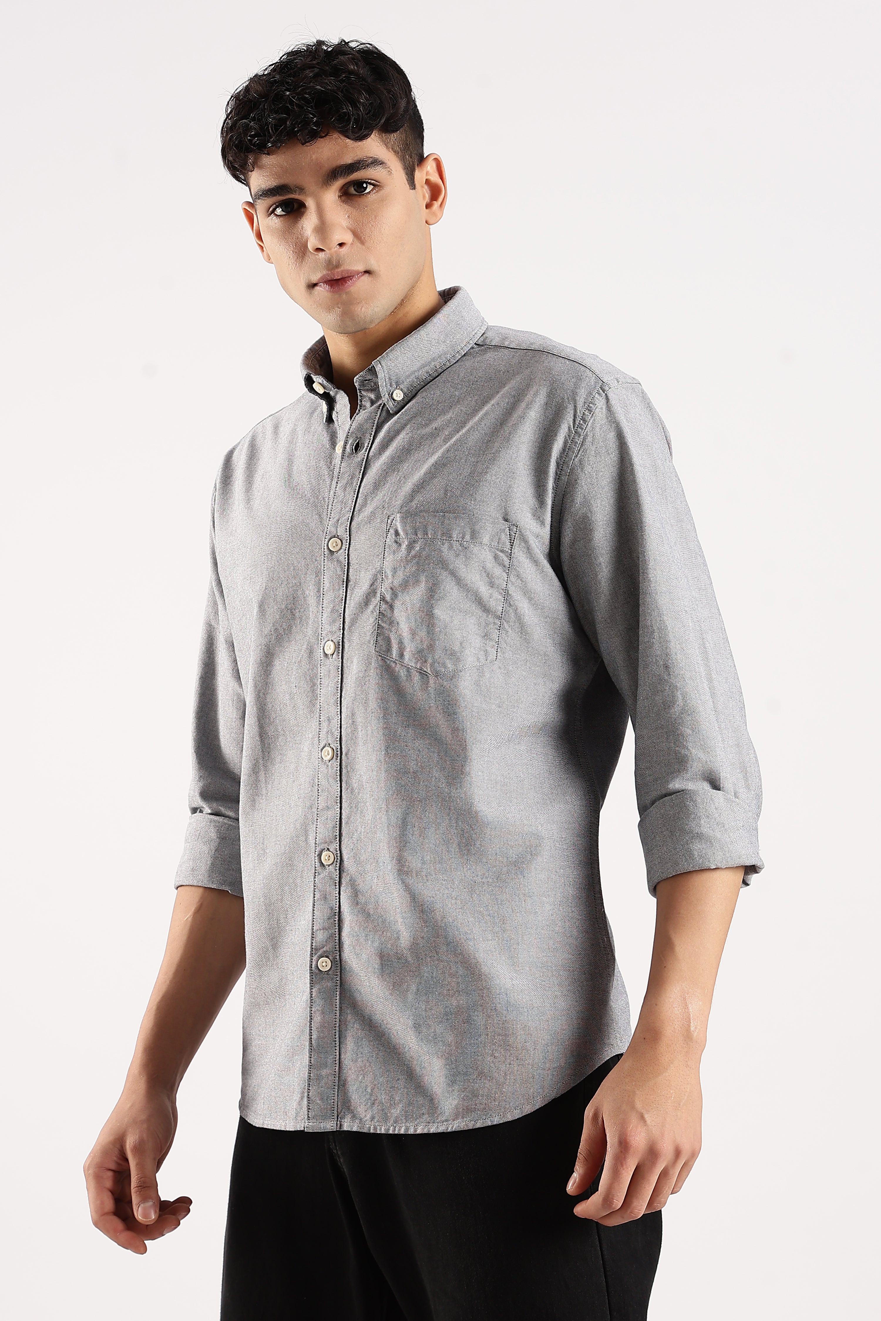Men Grey Cotton Oxford Shirt - Image 4