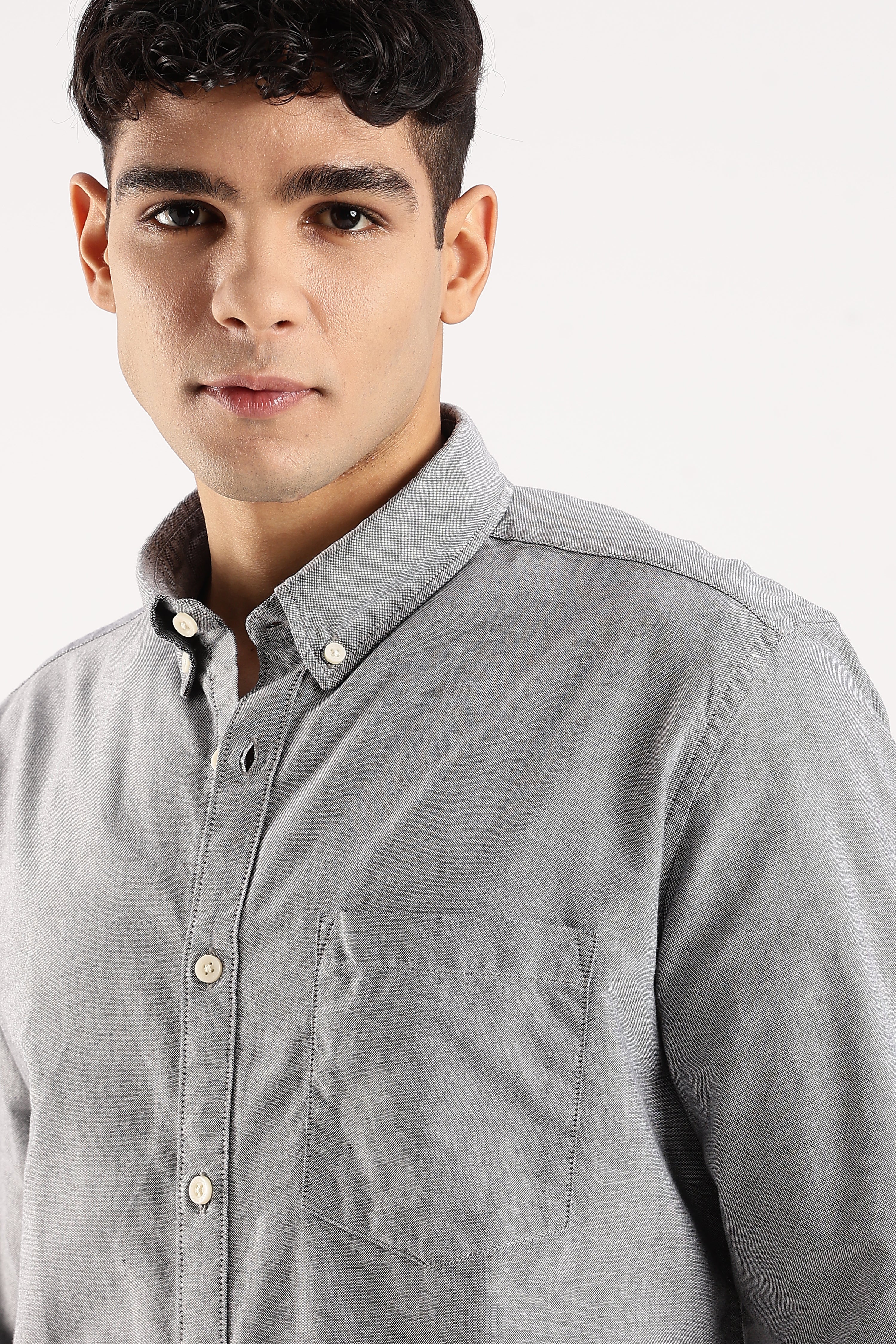 Men Grey Cotton Oxford Shirt - Image 5