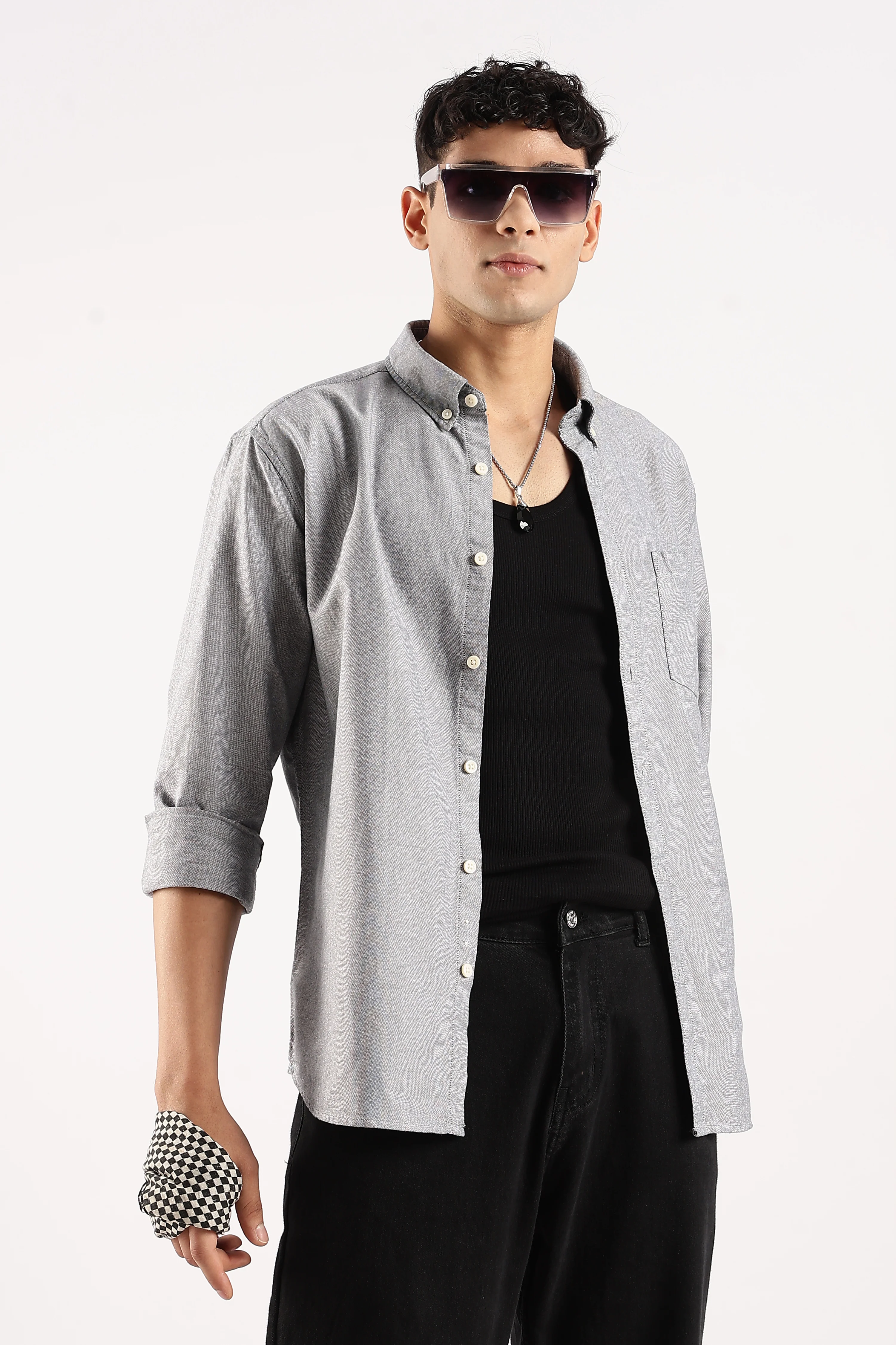 Men Grey Cotton Oxford Shirt - Image 6