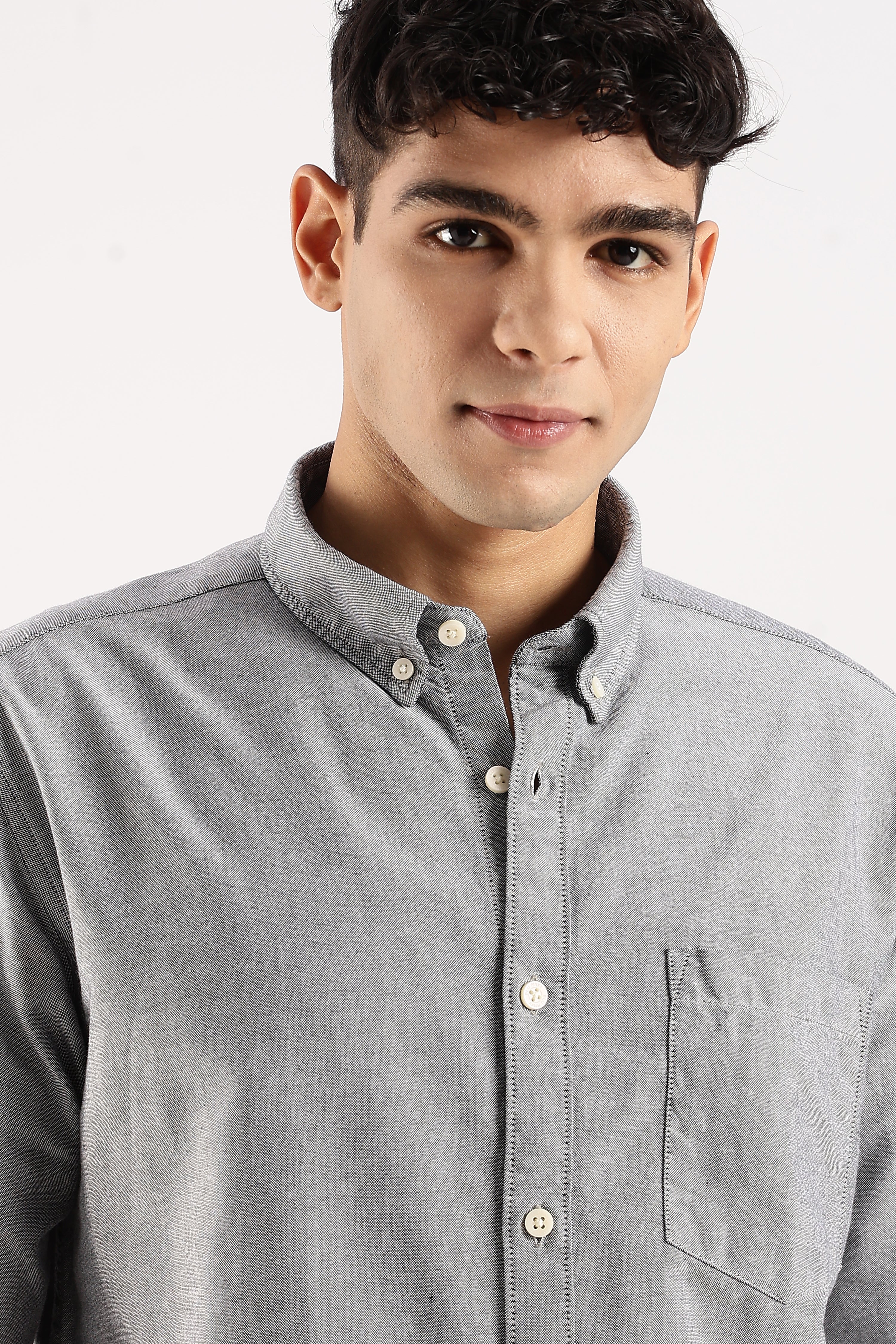 Men Grey Cotton Oxford Shirt - Image 7
