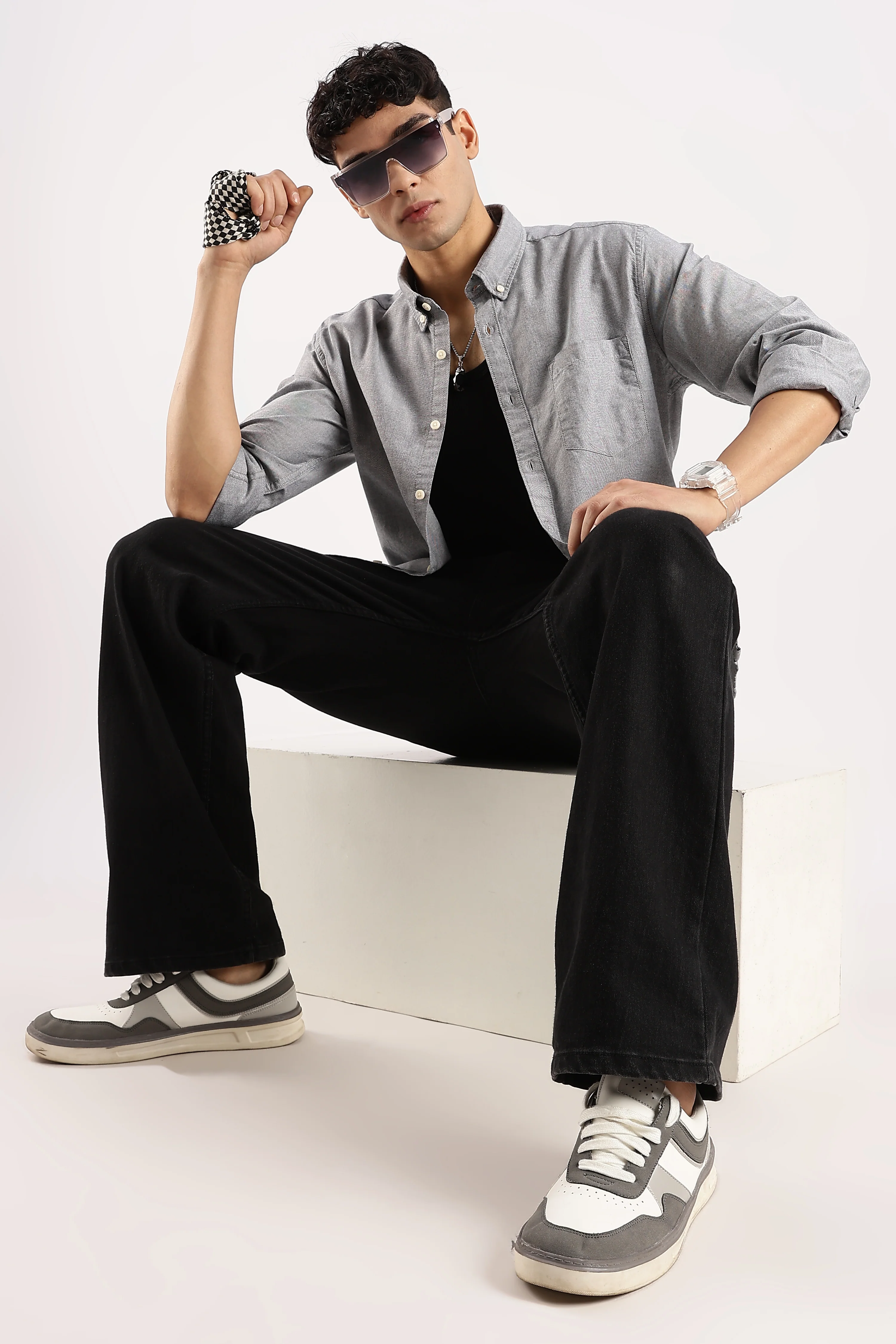 Men Grey Cotton Oxford Shirt - Image 8