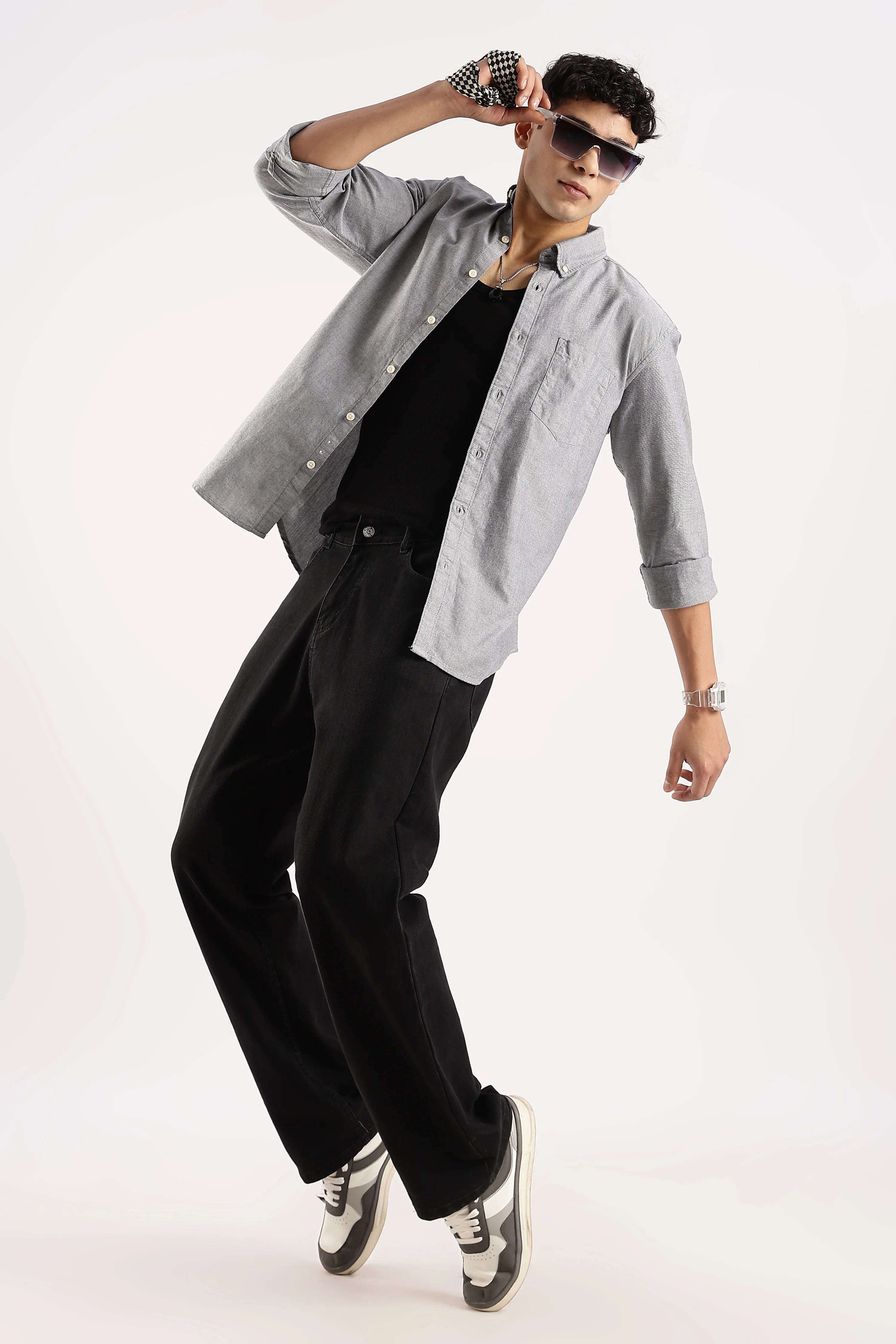 Men Grey Cotton Oxford Shirt - Image 9