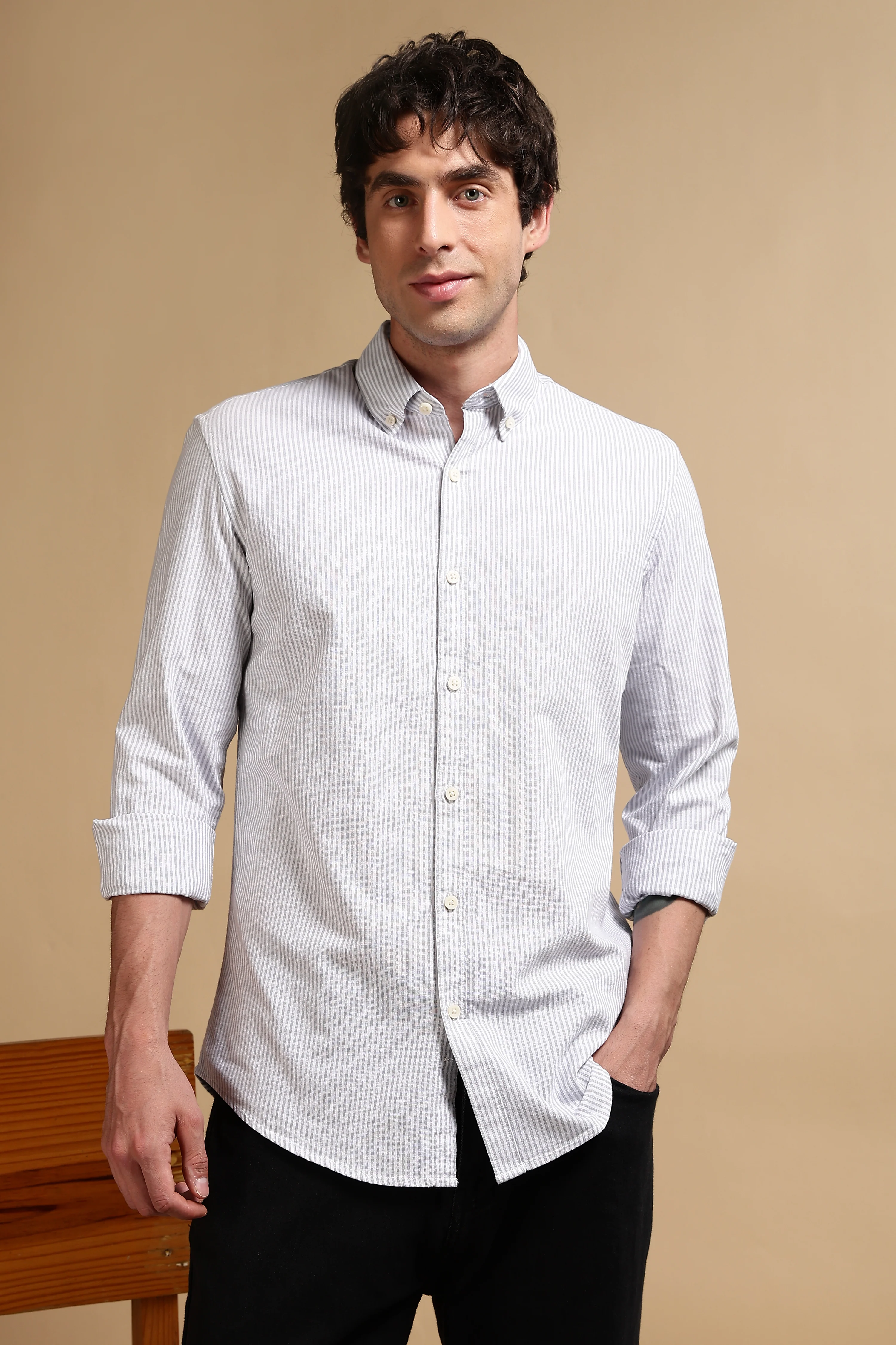 Men Grey Cotton Oxford Slim Fit Striped Shirt