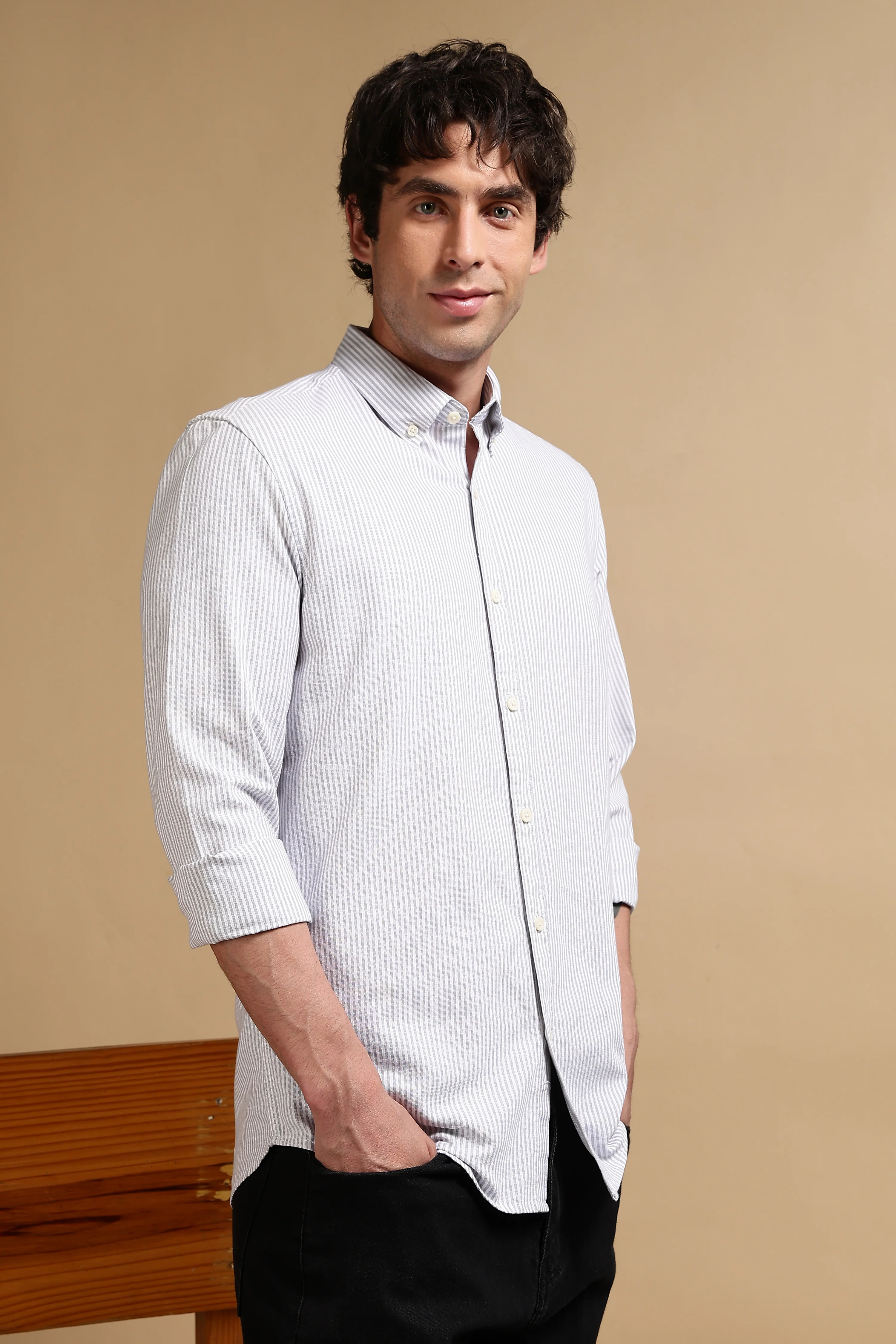 Men Grey Cotton Oxford Slim Fit Striped Shirt - Image 3