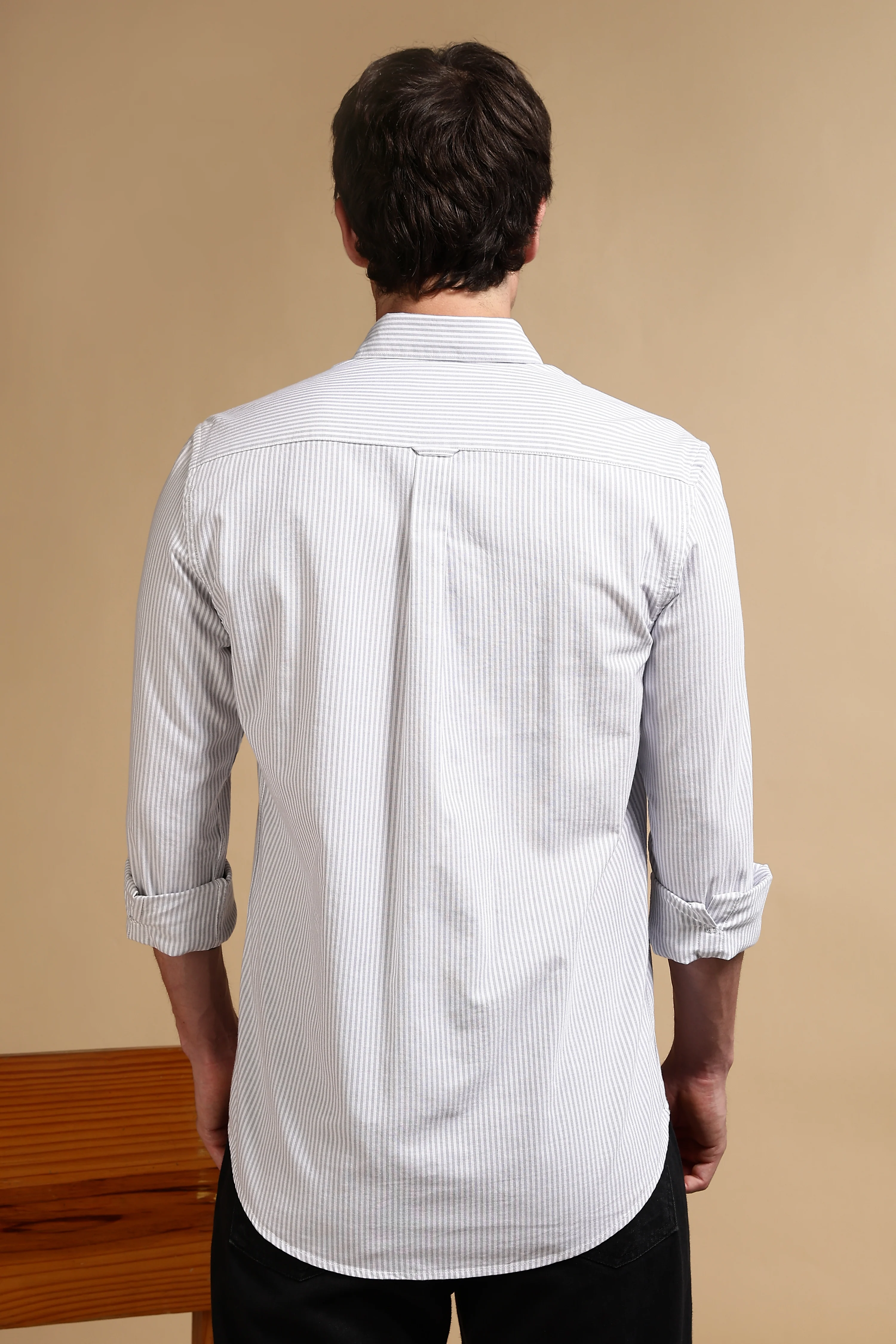 Men Grey Cotton Oxford Slim Fit Striped Shirt - Image 4
