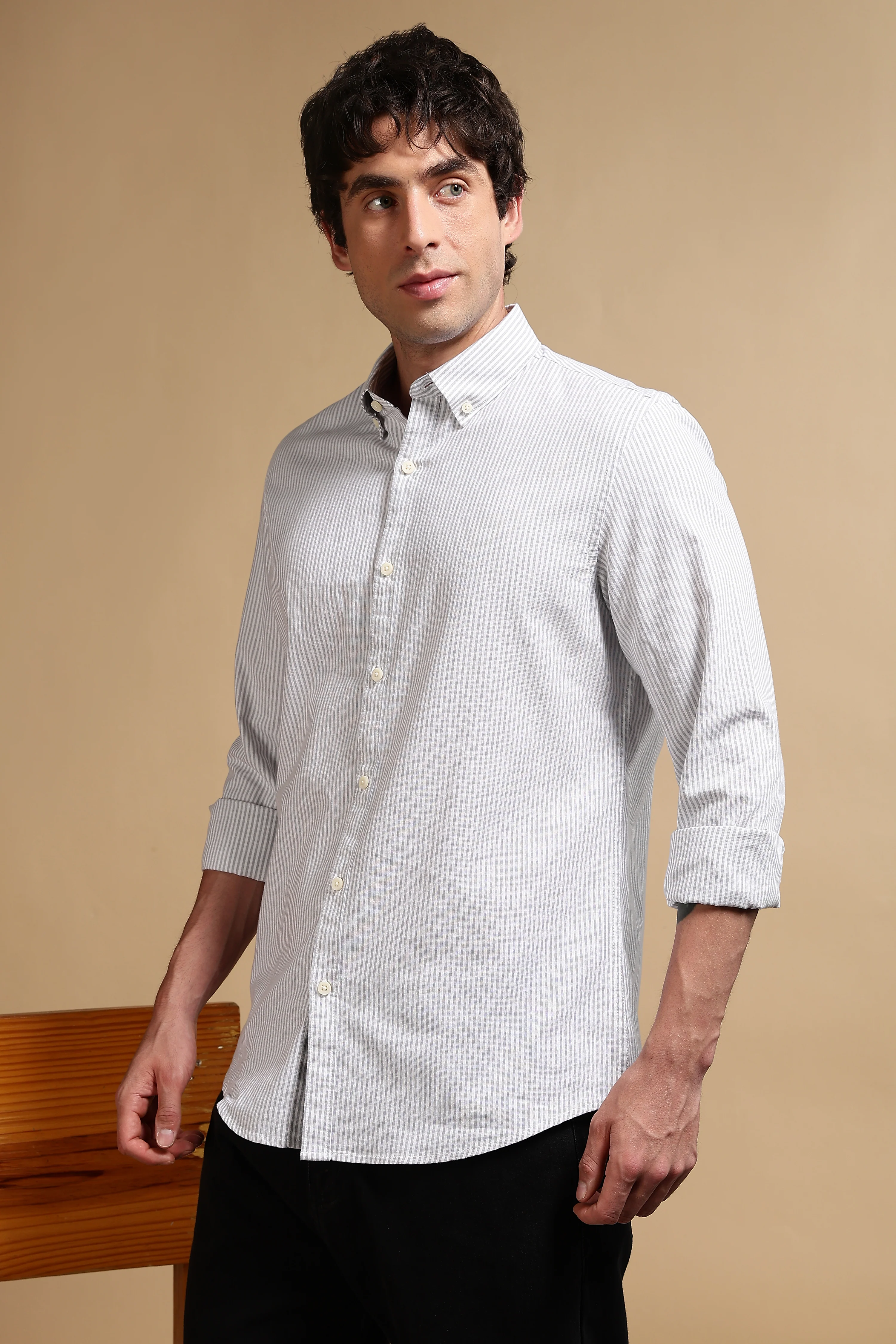 Men Grey Cotton Oxford Slim Fit Striped Shirt - Image 5
