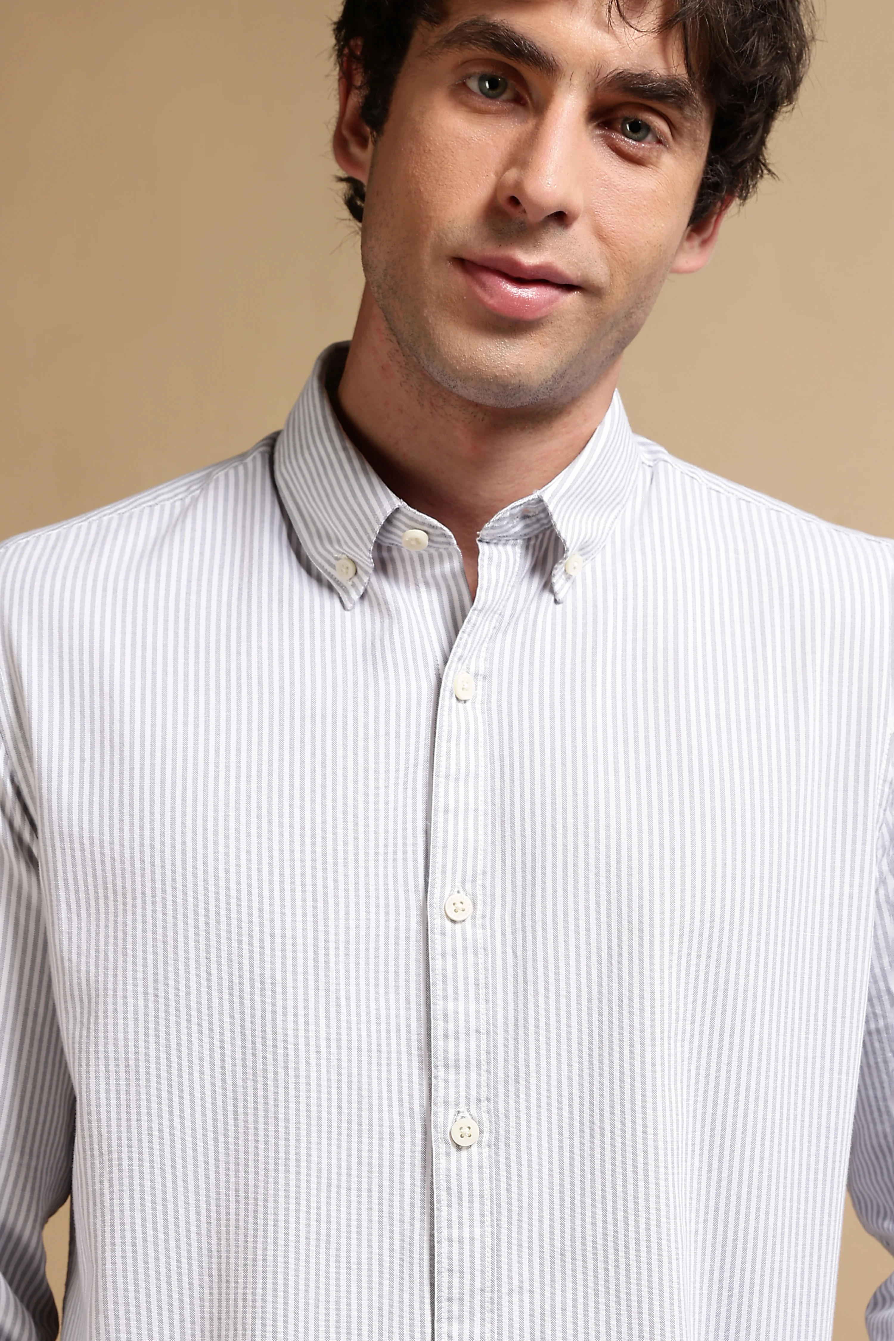 Men Grey Cotton Oxford Slim Fit Striped Shirt - Image 6