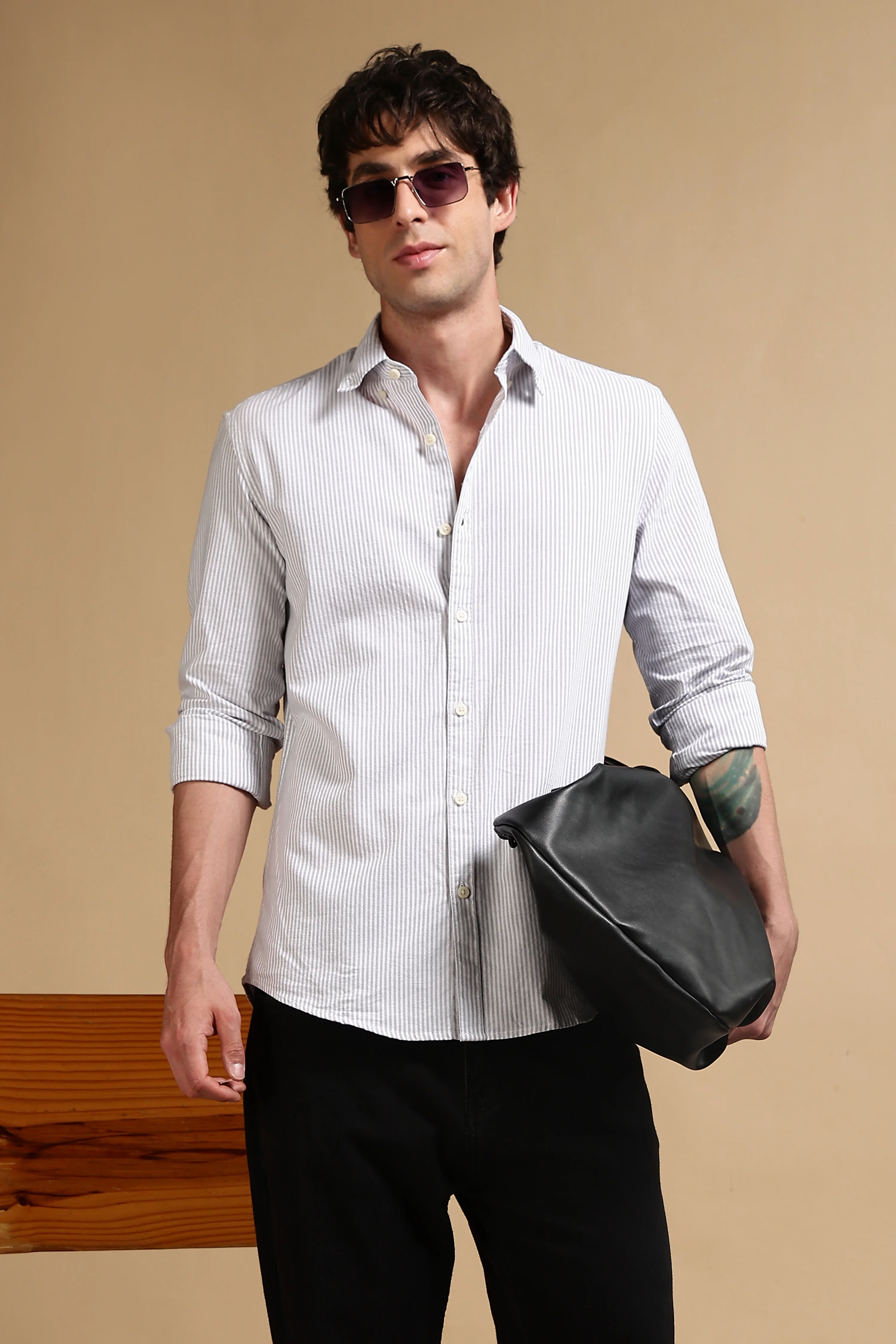 Men Grey Cotton Oxford Slim Fit Striped Shirt - Image 7