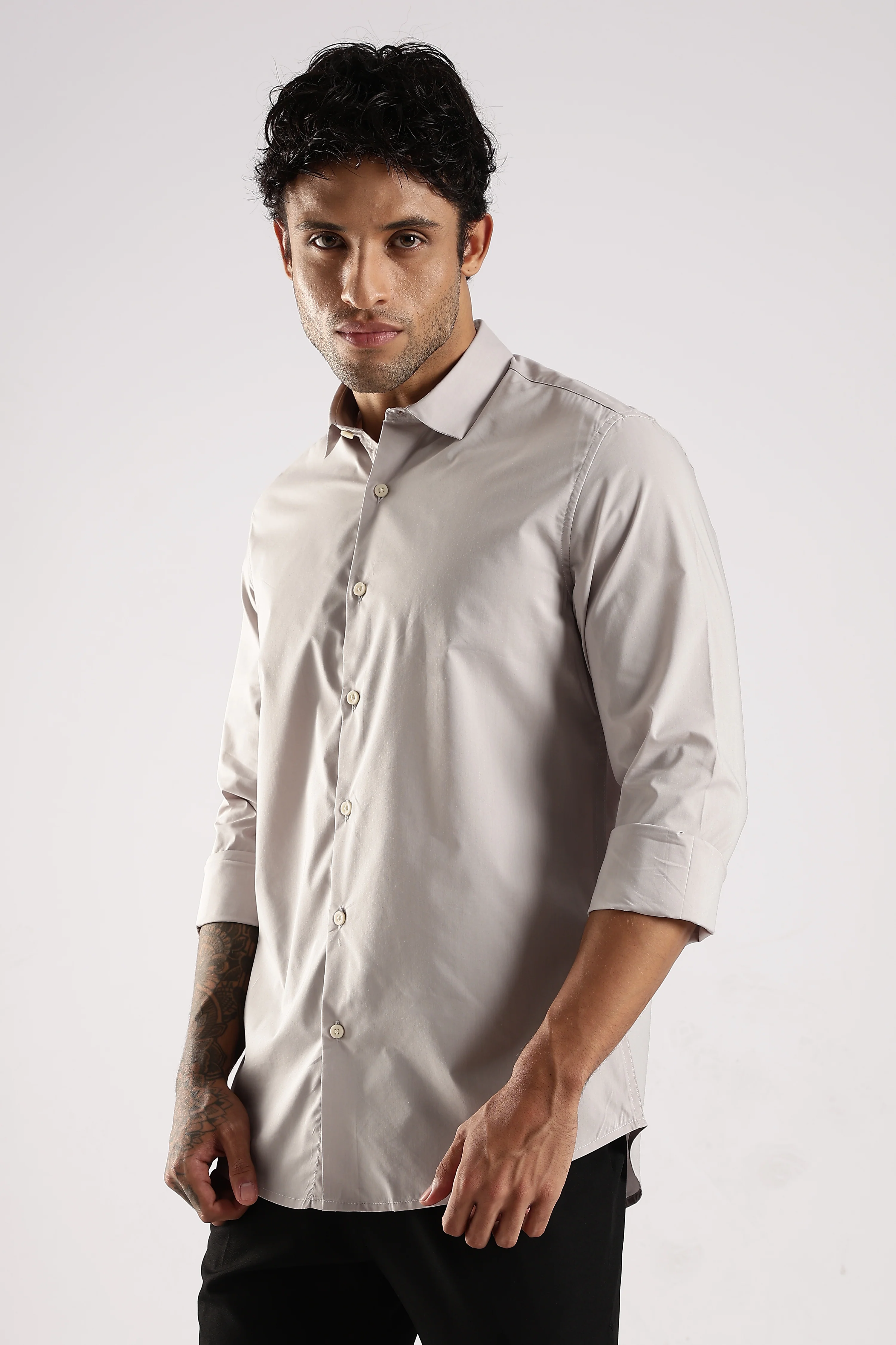 Men Grey Cotton Slim Fit Shirt - Image 3