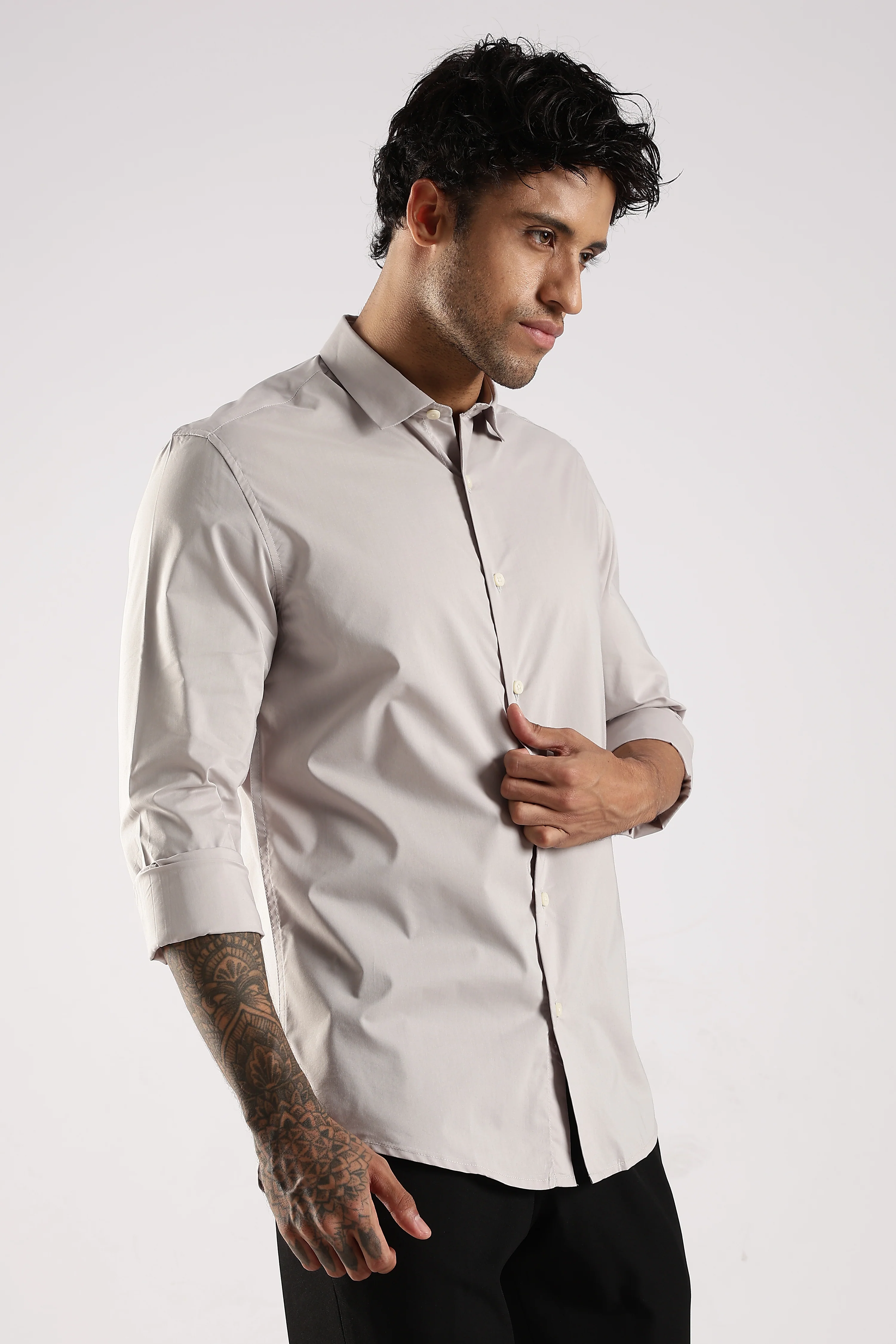 Men Grey Cotton Slim Fit Shirt - Image 4