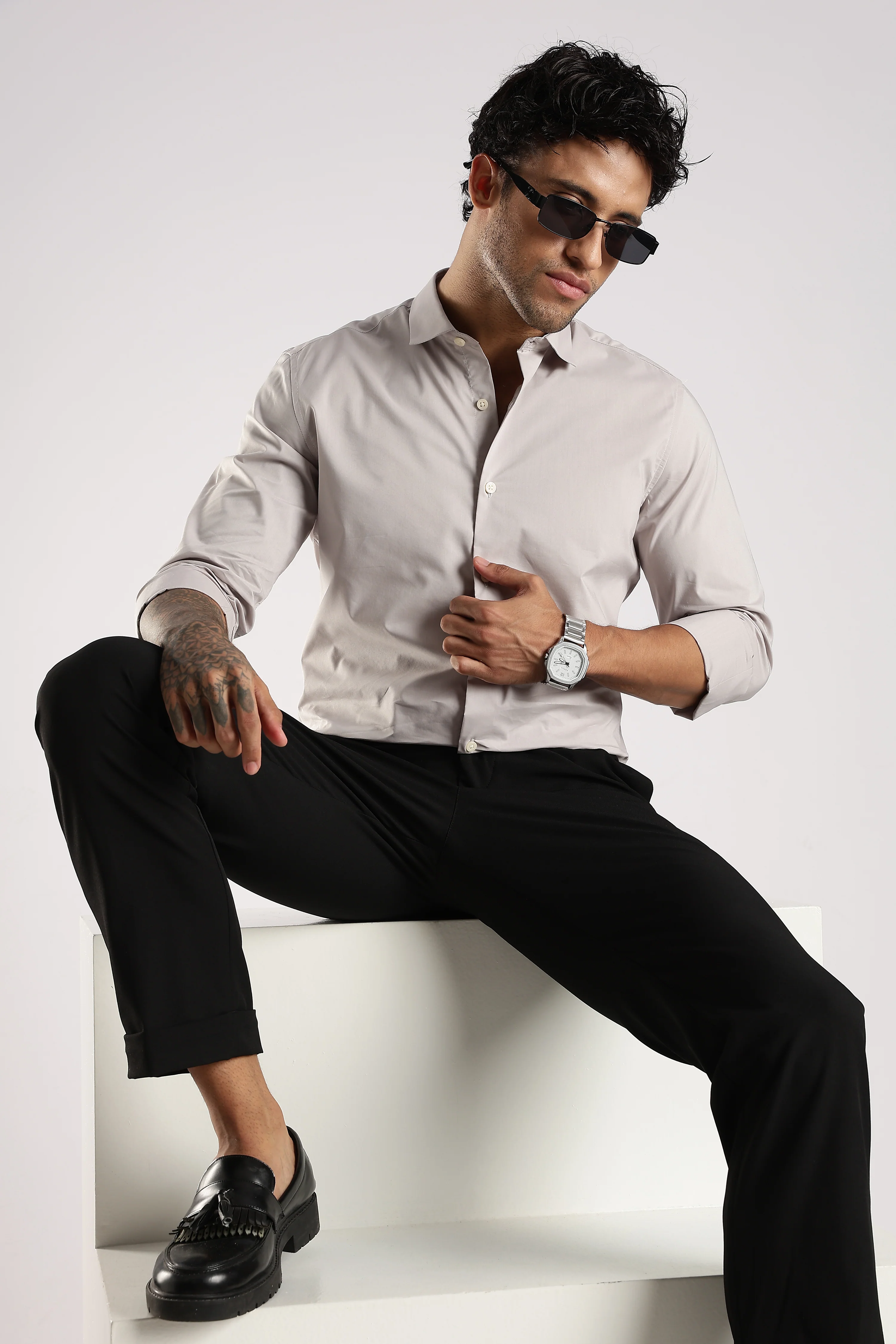Men Grey Cotton Slim Fit Shirt - Image 9