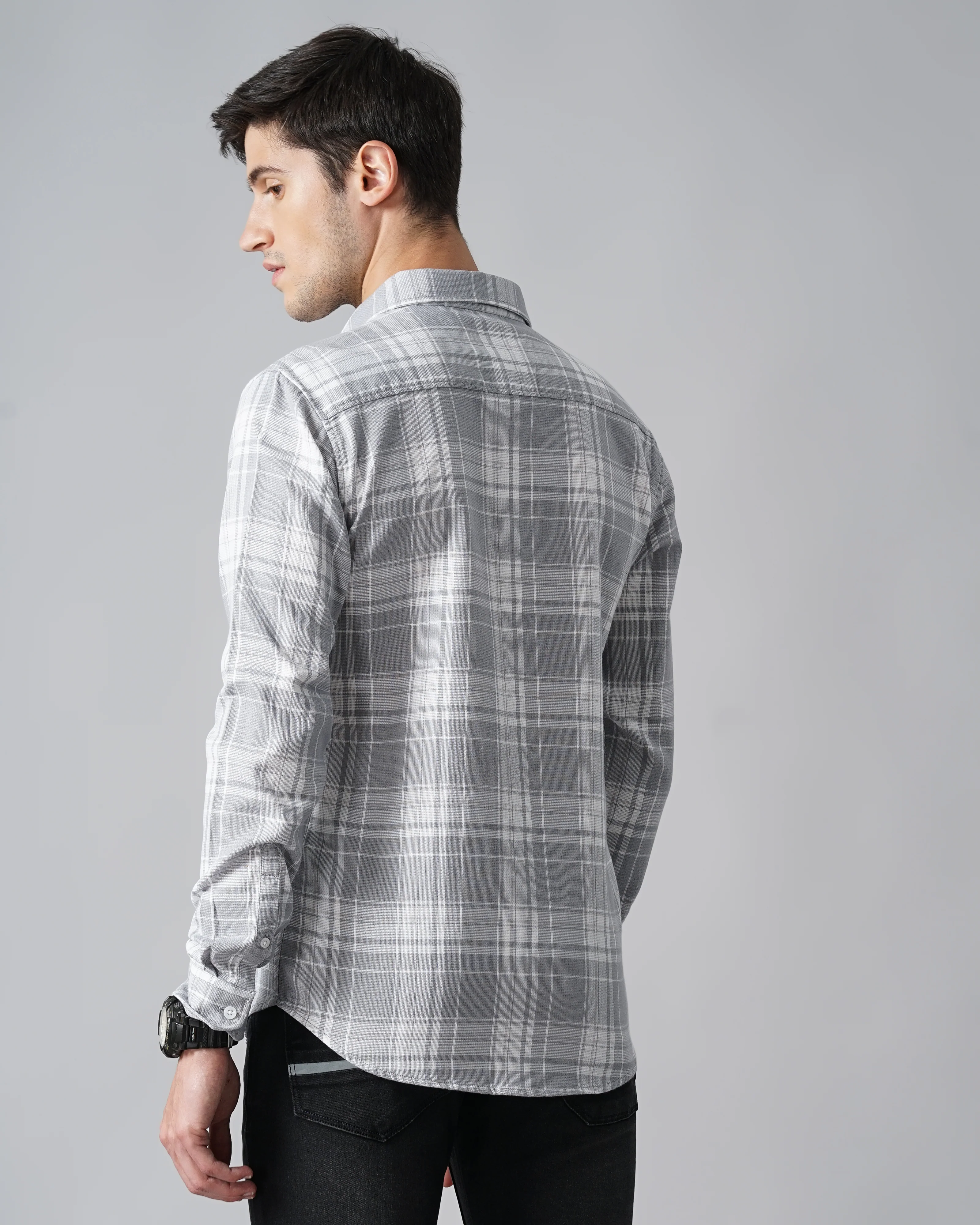 Men Grey Cotton Slim Shirt - Image 3