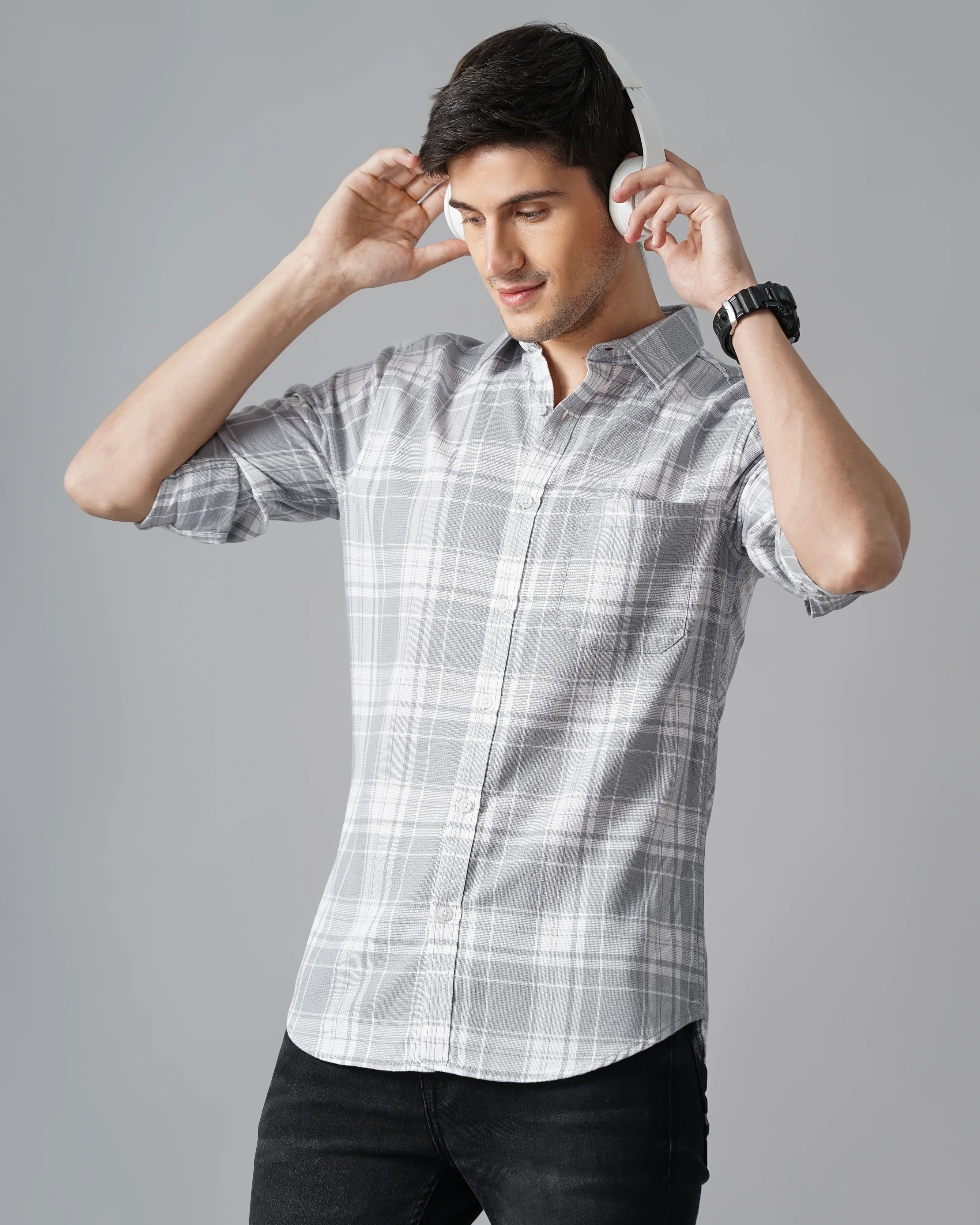 Men Grey Cotton Slim Shirt - Image 4