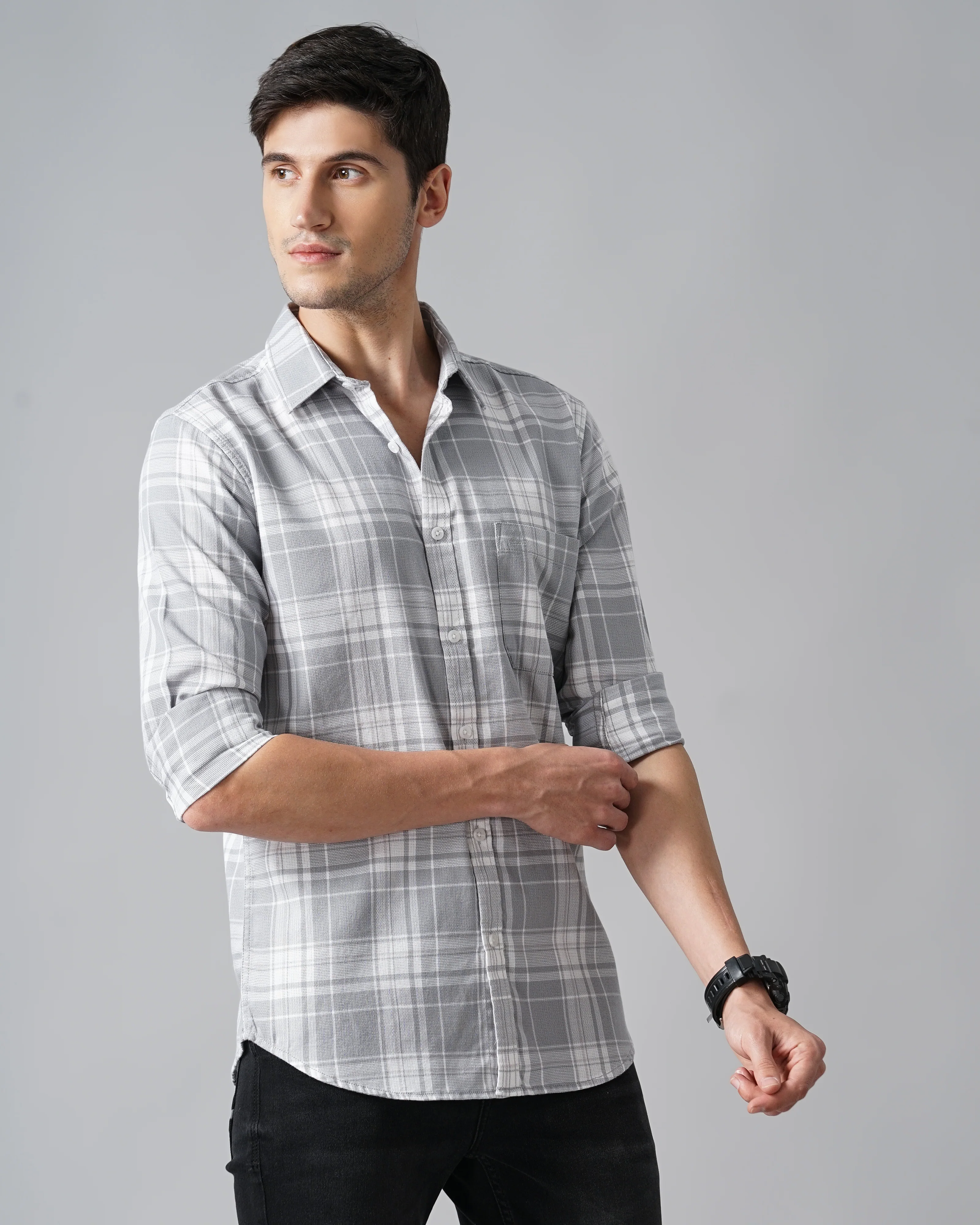 Men Grey Cotton Slim Shirt - Image 5