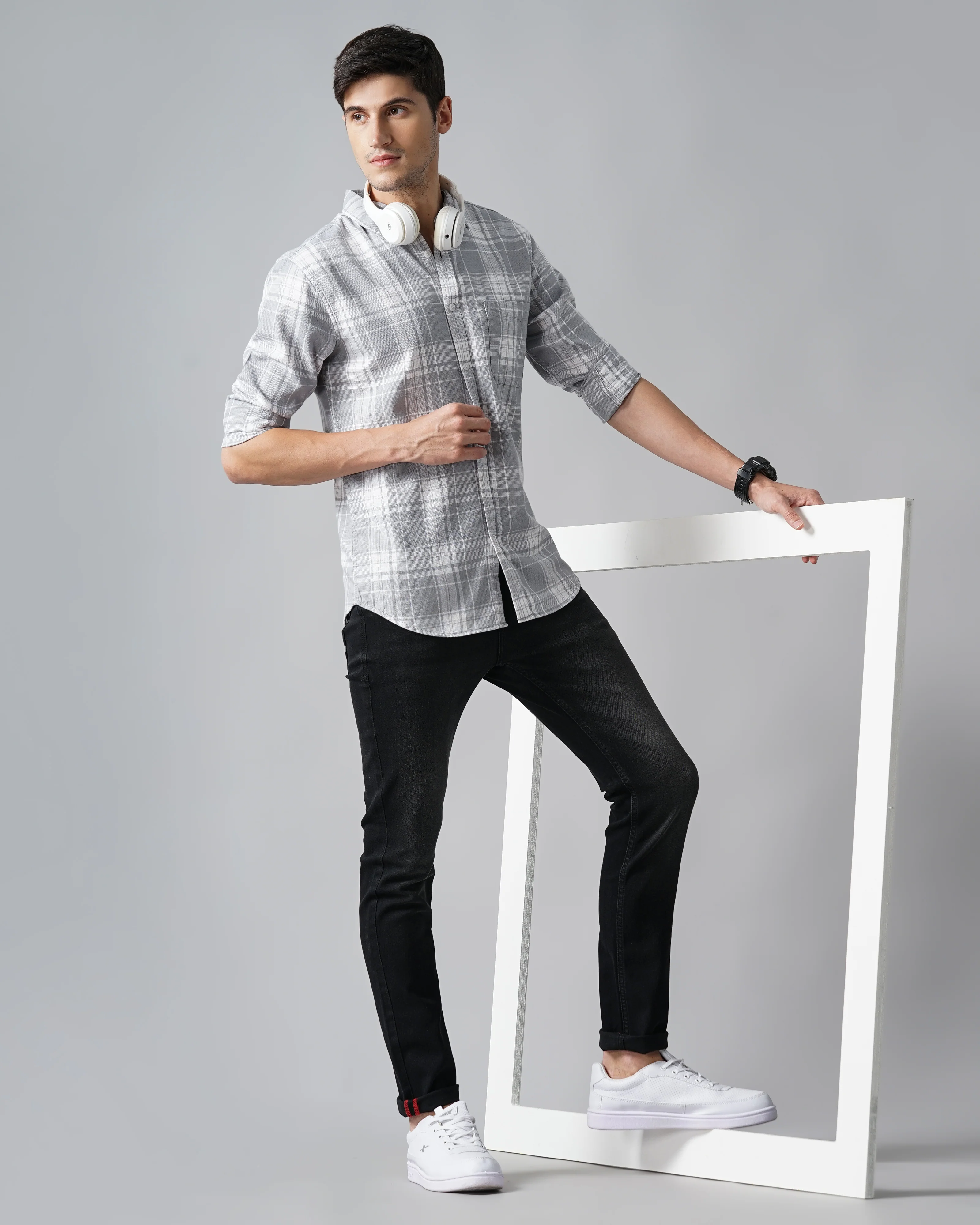 Men Grey Cotton Slim Shirt - Image 6