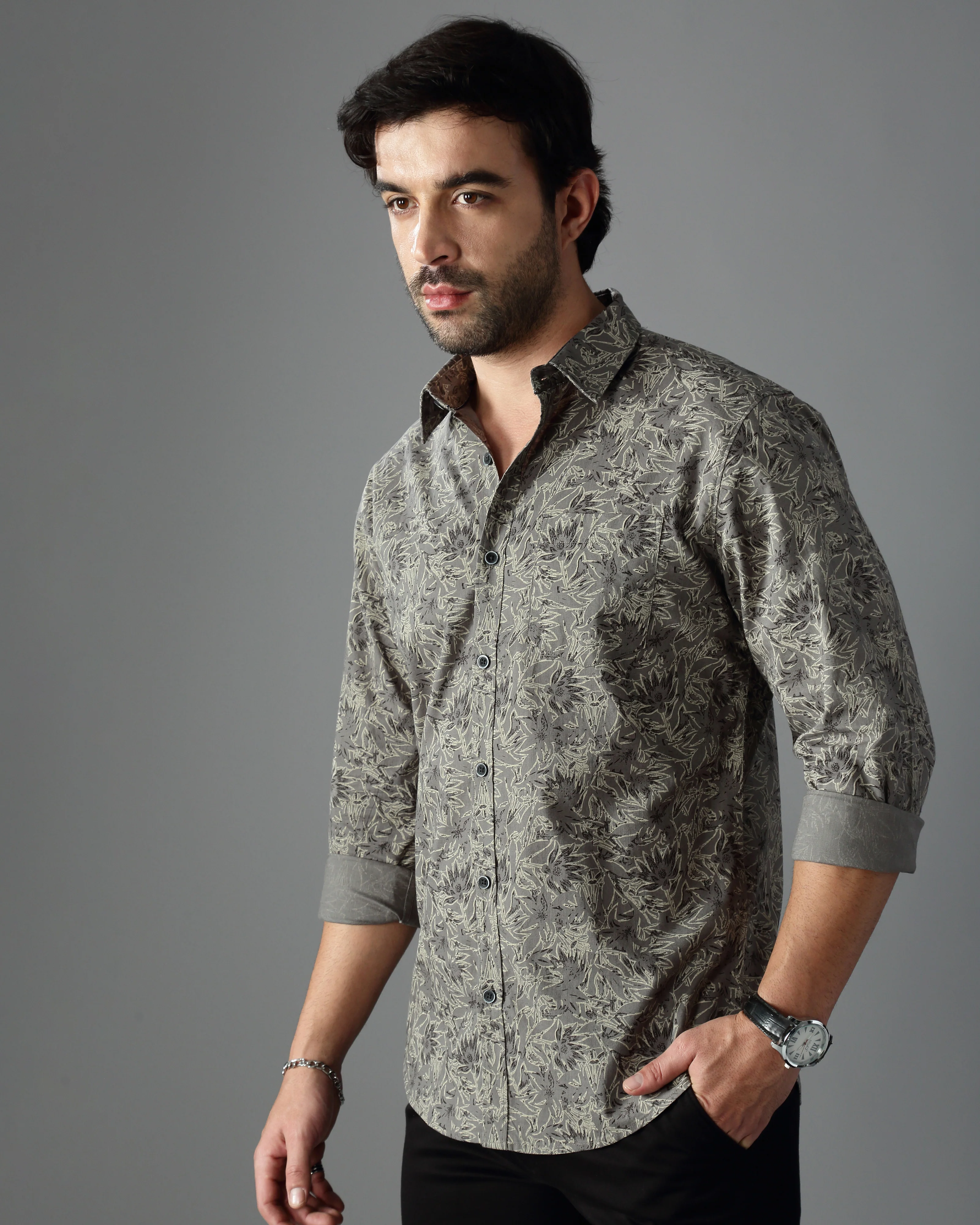 Men Grey Cotton Slim Shirt - Image 3