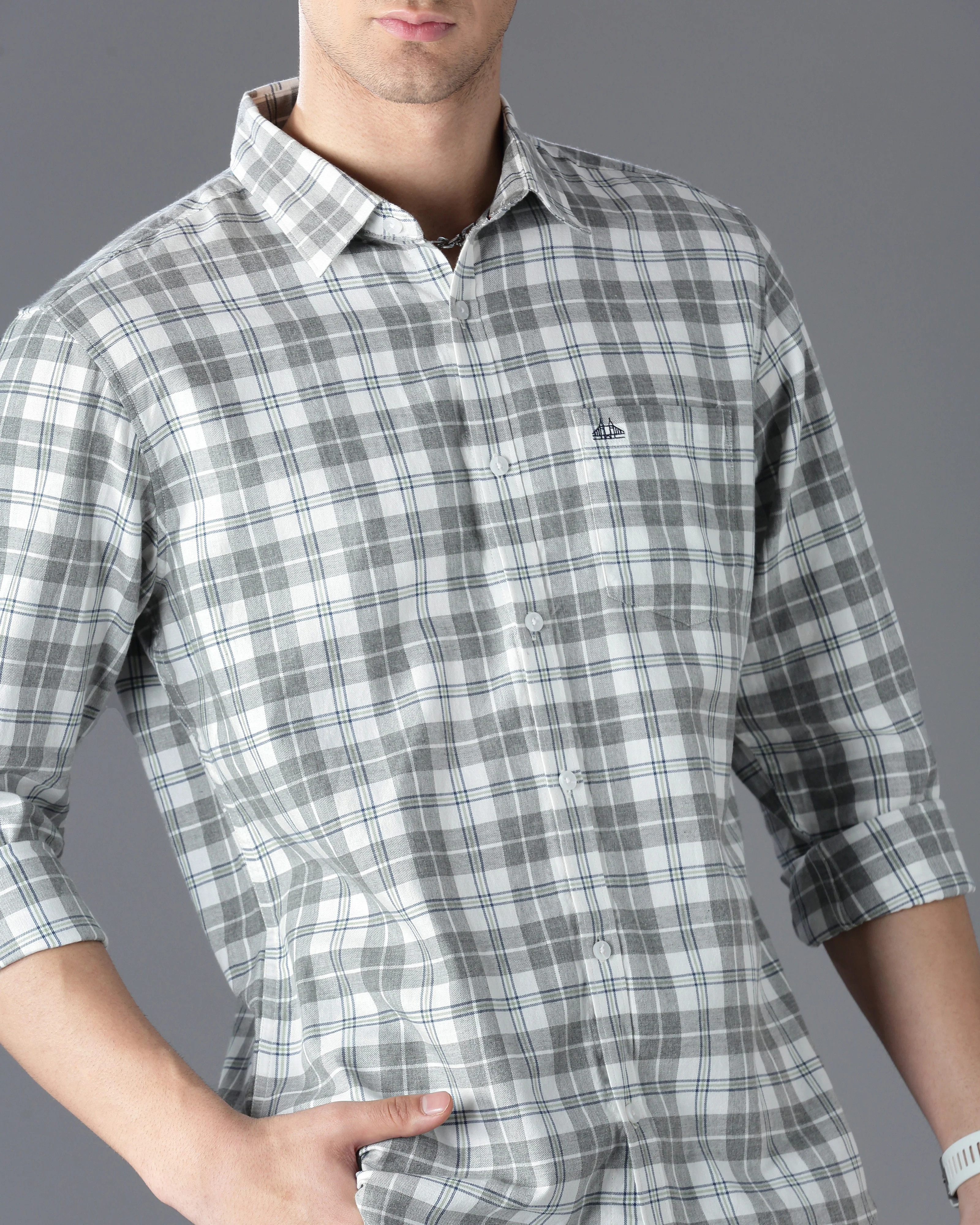 Men Grey Cotton Slim Shirt - Image 3