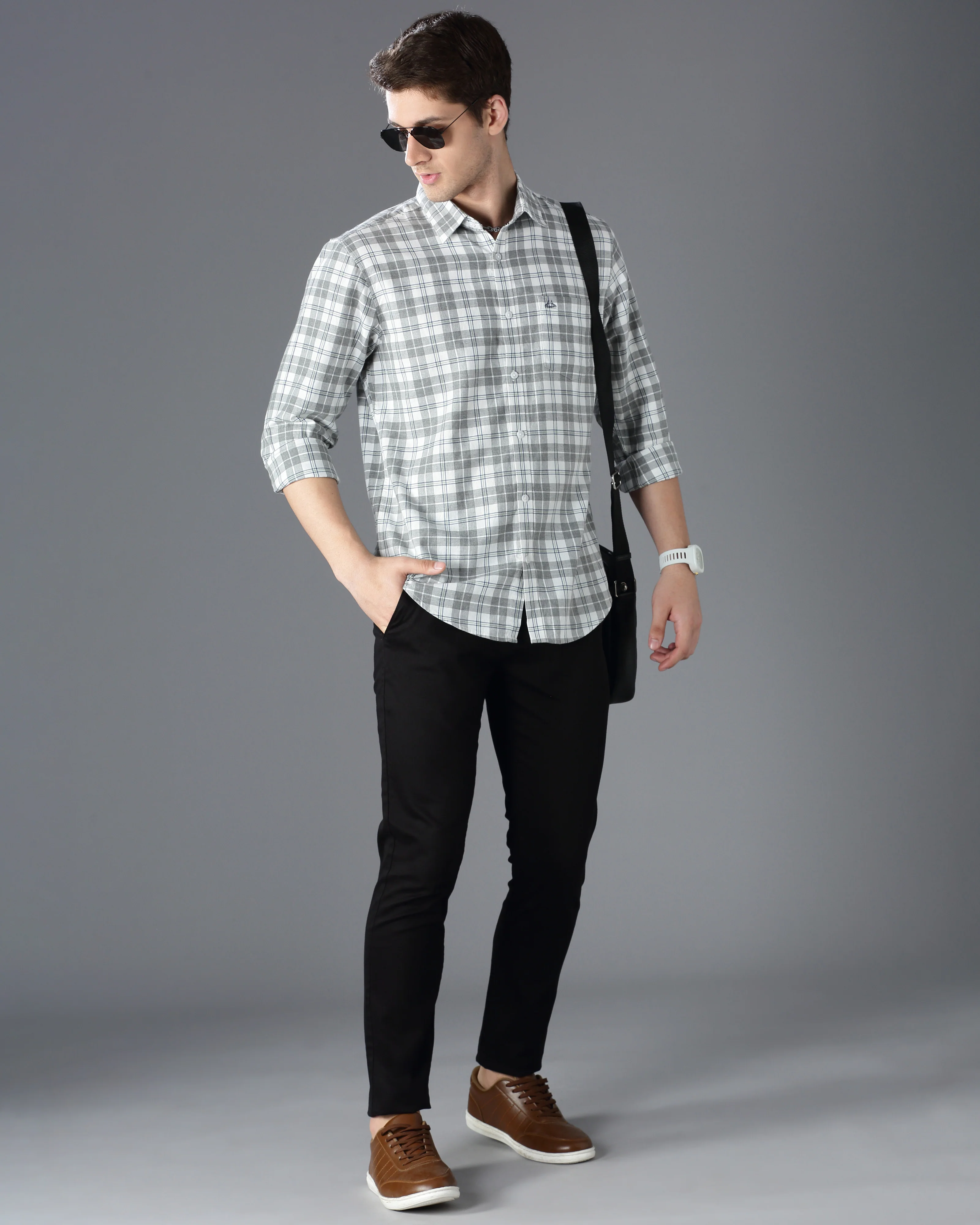 Men Grey Cotton Slim Shirt - Image 7