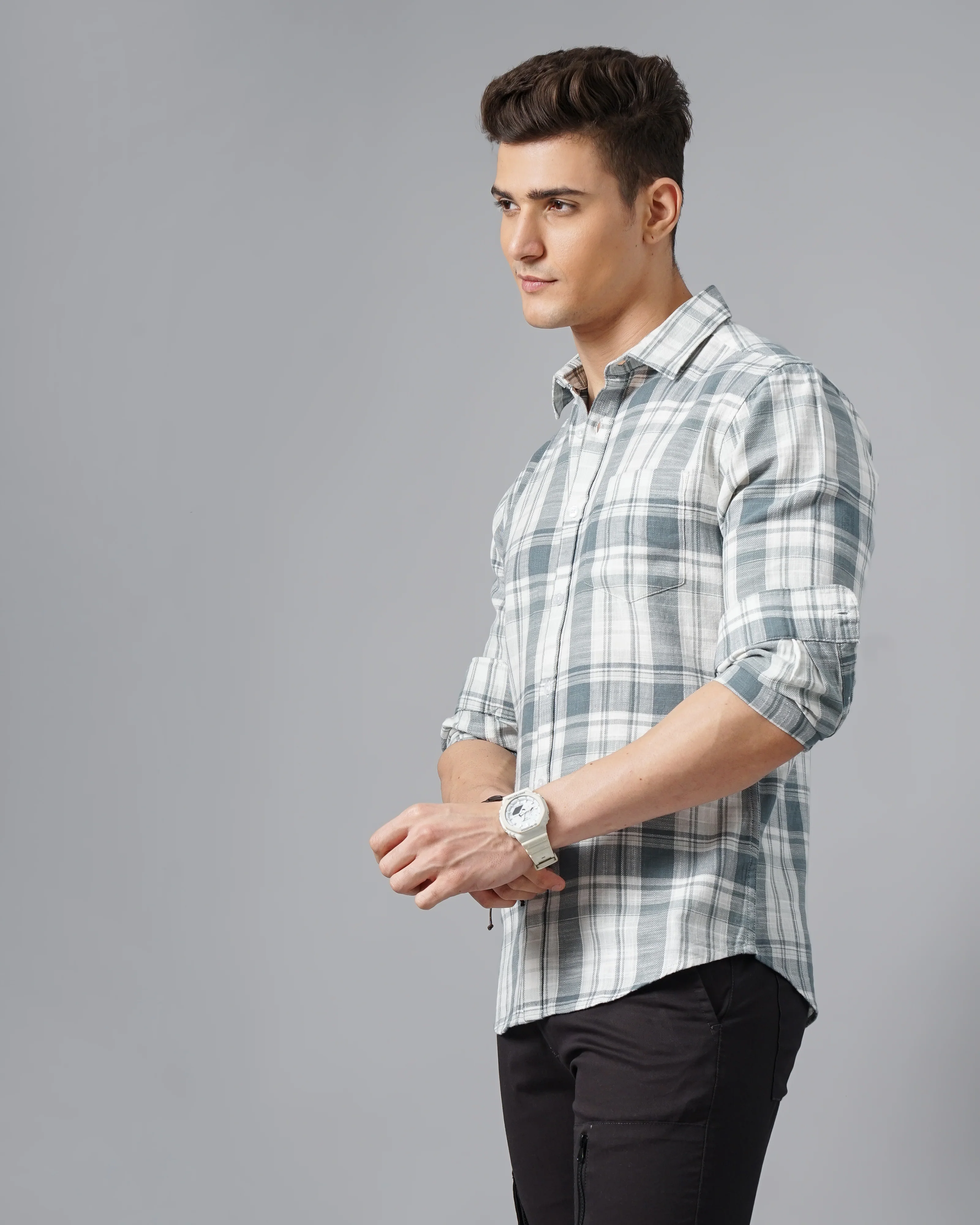 Men Grey Cotton Slim Shirt - Image 4