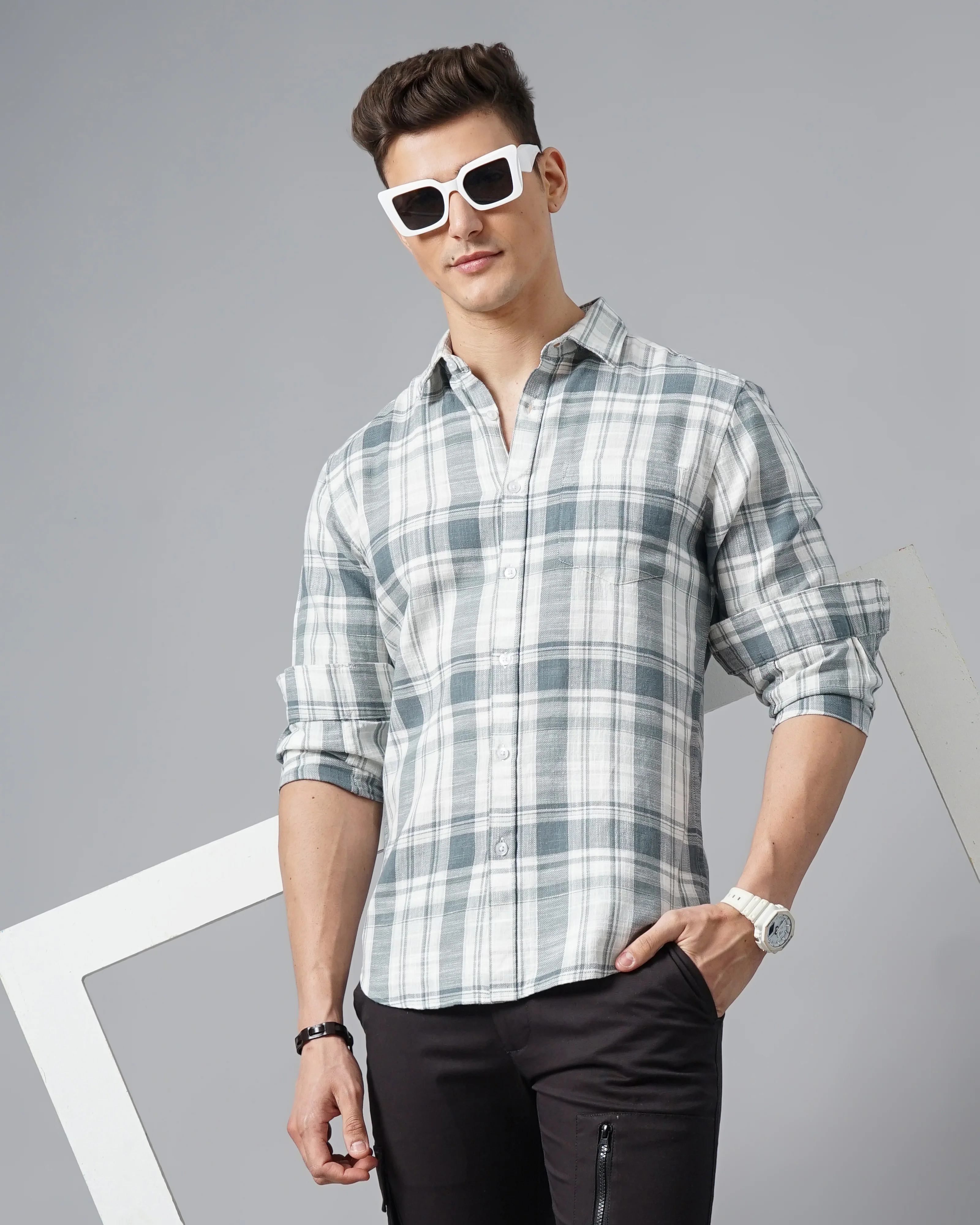 Men Grey Cotton Slim Shirt - Image 5