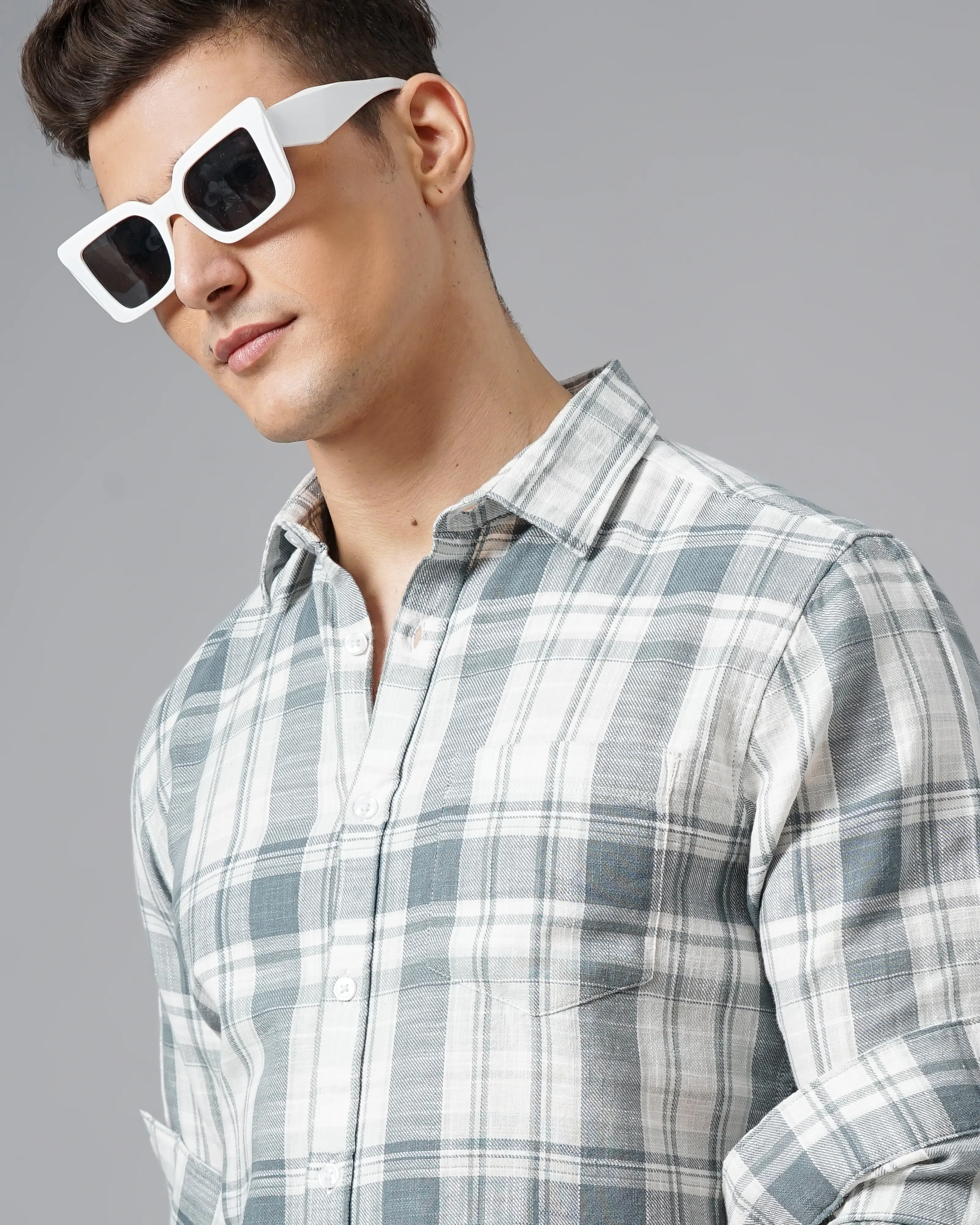 Men Grey Cotton Slim Shirt - Image 7