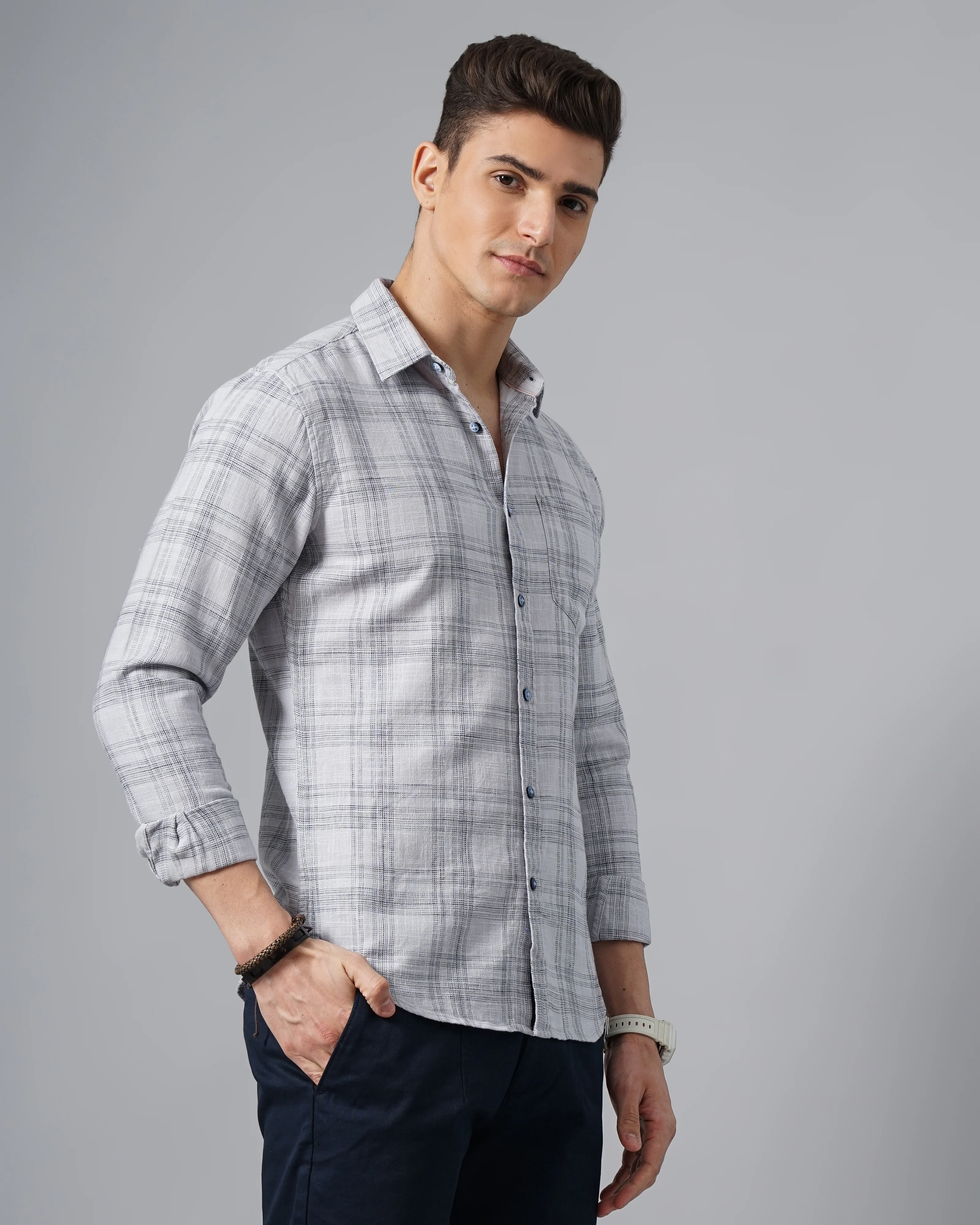 Men Grey Cotton Slim Shirt - Image 5