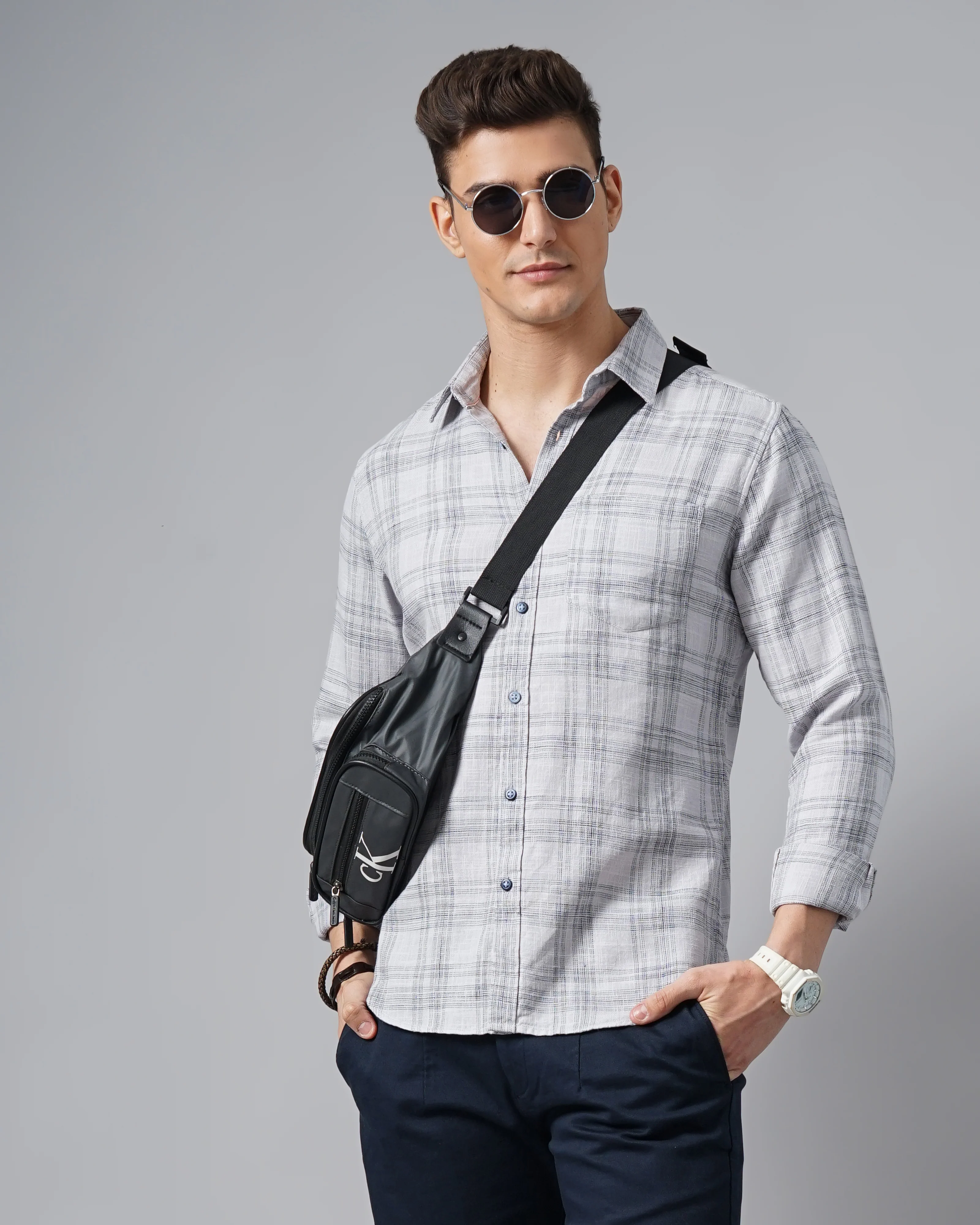 Men Grey Cotton Slim Shirt - Image 6