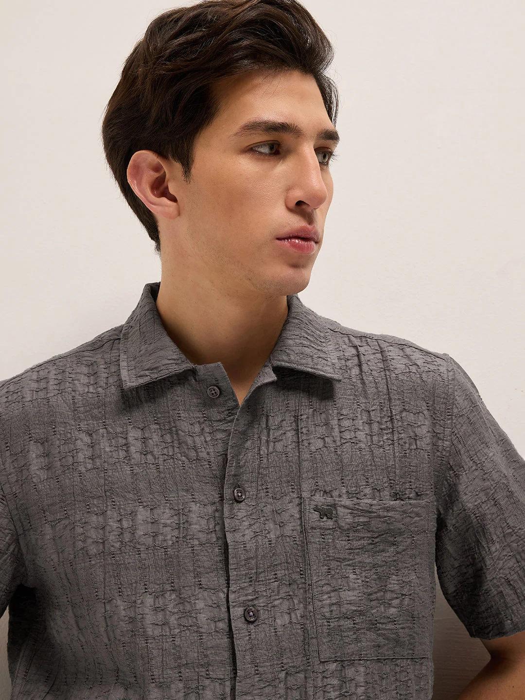 Men Grey Crinkle Textured Regular Fit Half-Sleeve Casual Shirt - Image 5
