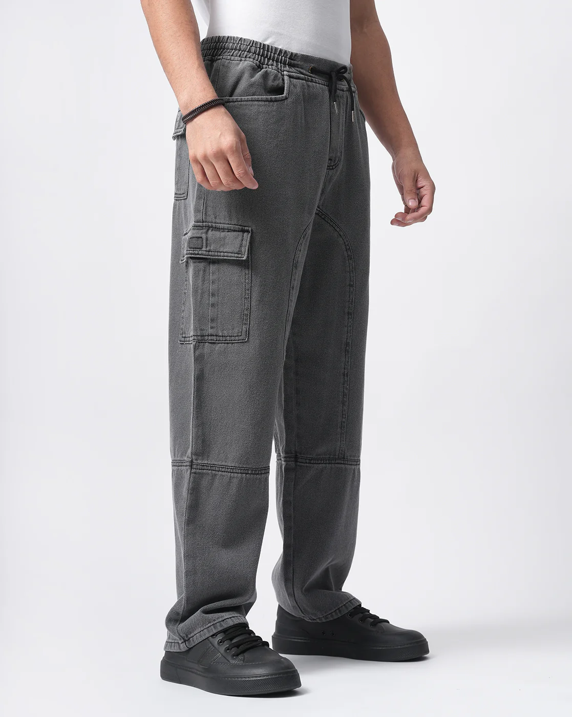 Men Grey Denim Cargo Pants - Image 5