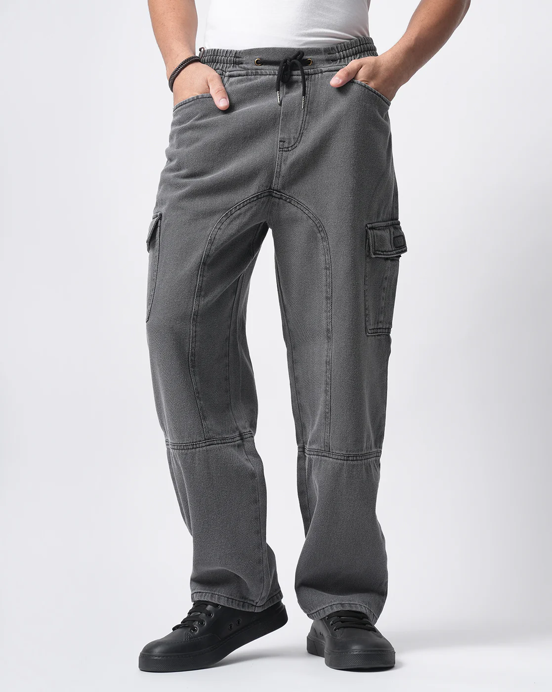 Men Grey Denim Cargo Pants - Image 6