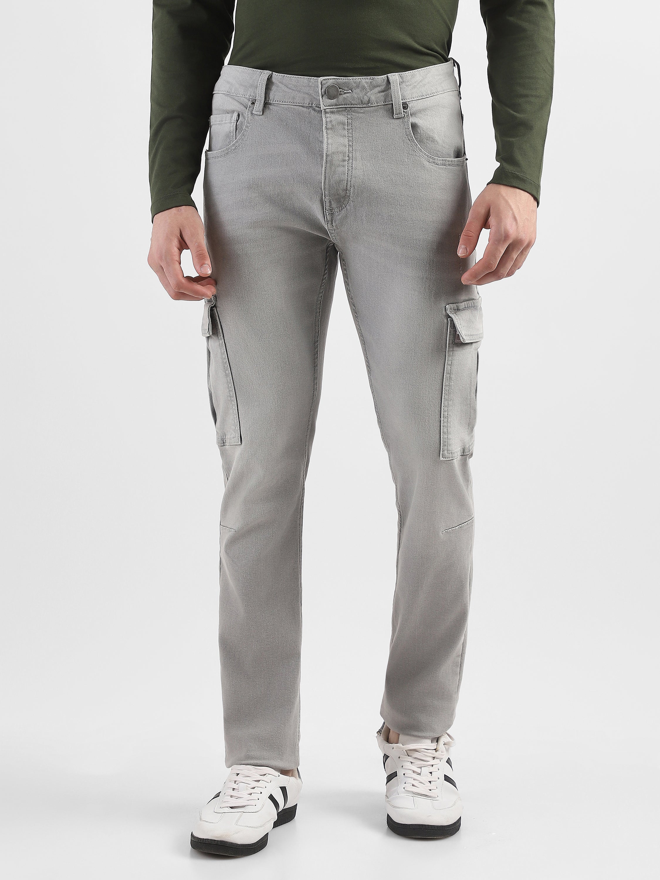 Men Grey Denim Mid Rise Cargo Pants - Image 2