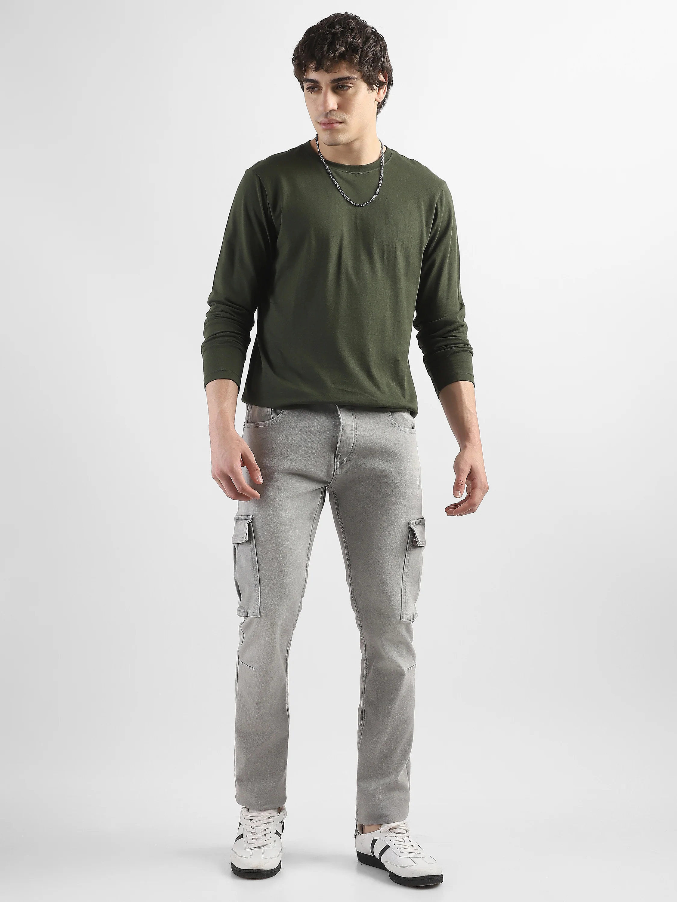 Men Grey Denim Mid Rise Cargo Pants - Image 3