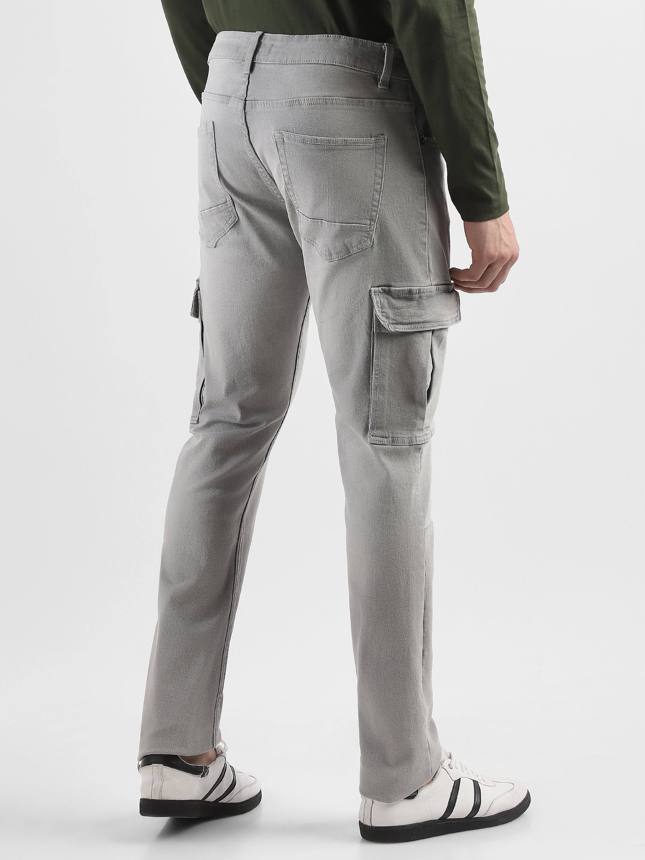 Men Grey Denim Mid Rise Cargo Pants - Image 4