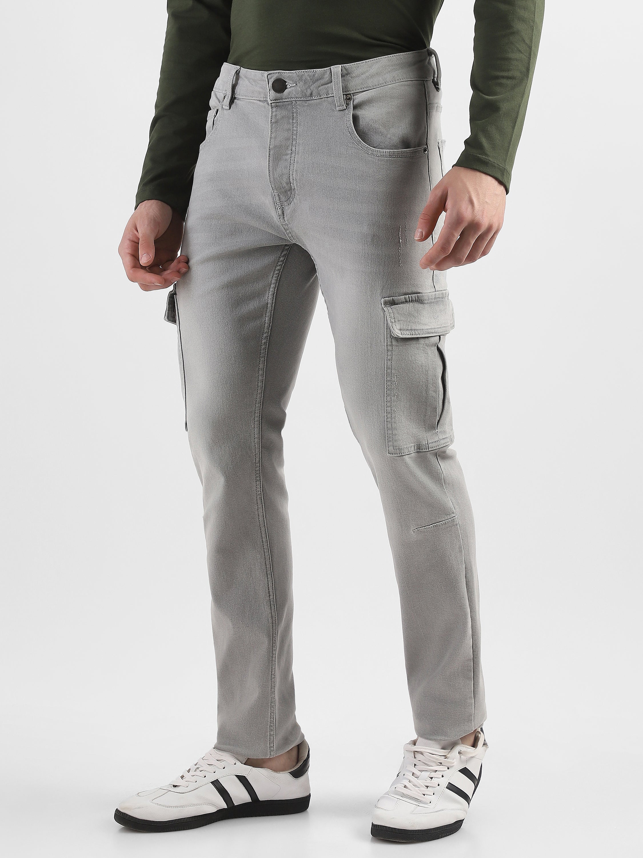 Men Grey Denim Mid Rise Cargo Pants - Image 5