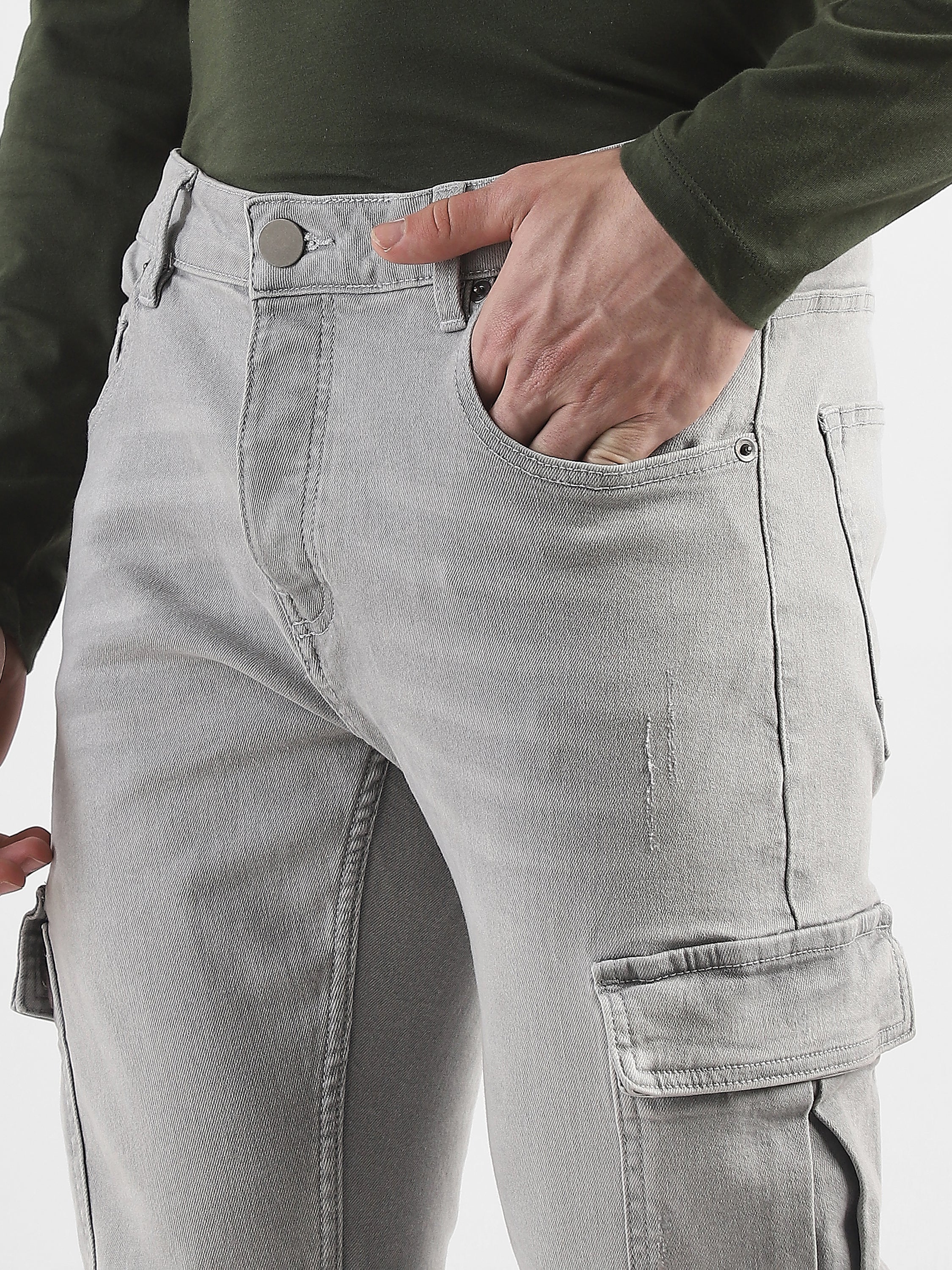 Men Grey Denim Mid Rise Cargo Pants - Image 6