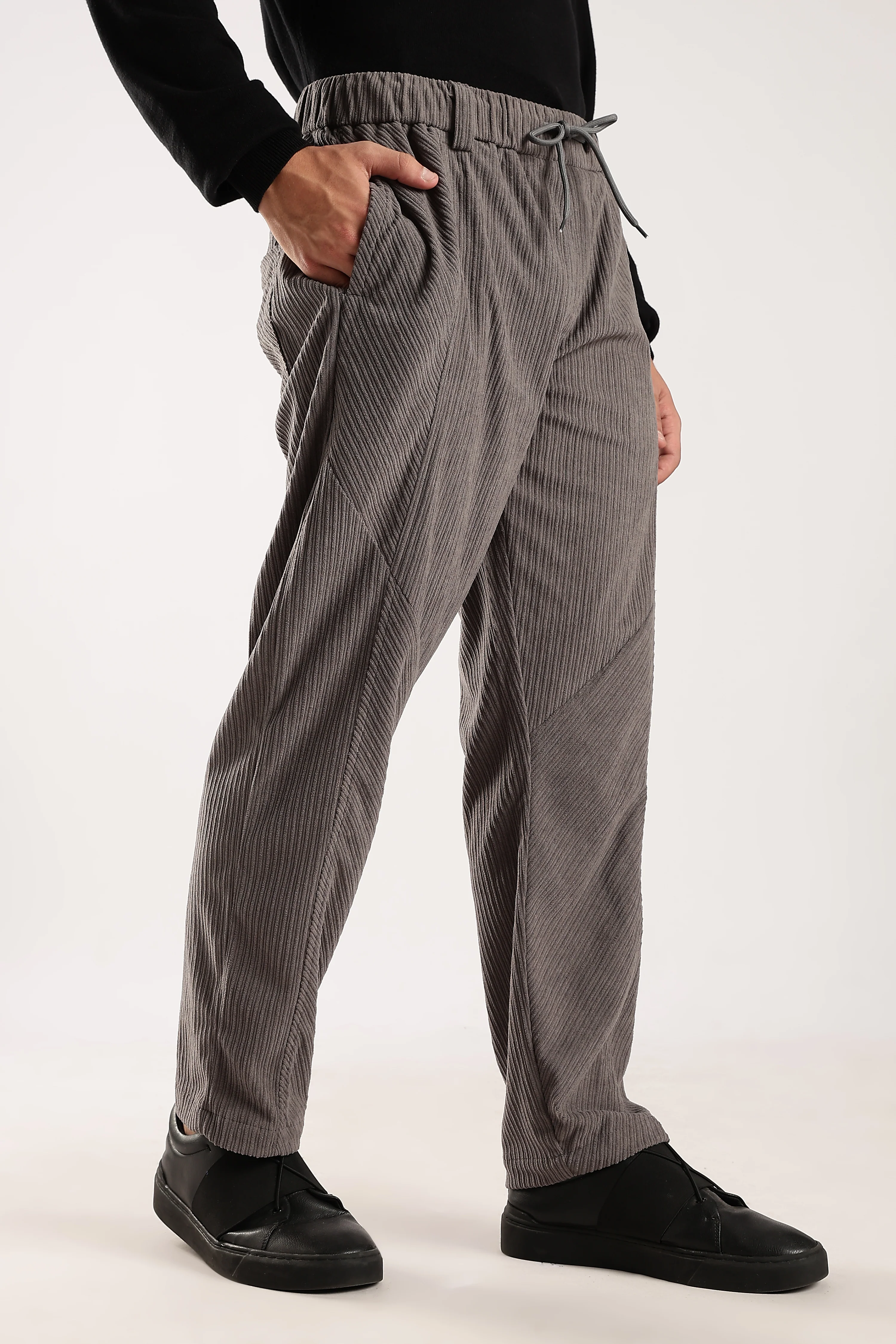 Men Grey Textured Drawcord Trousers - Image 8