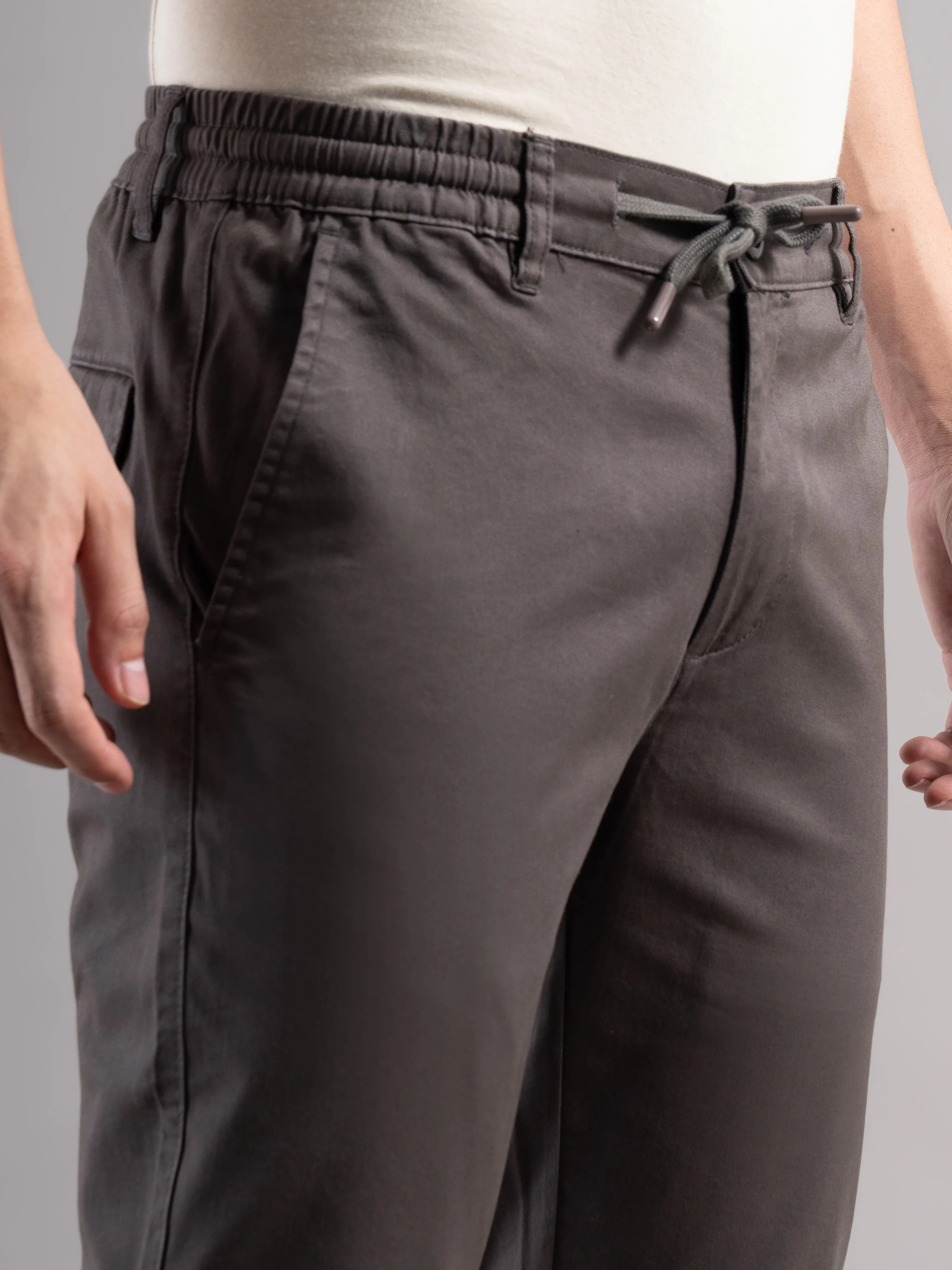 Men Grey Elastic Drawstring Trousers - Image 3