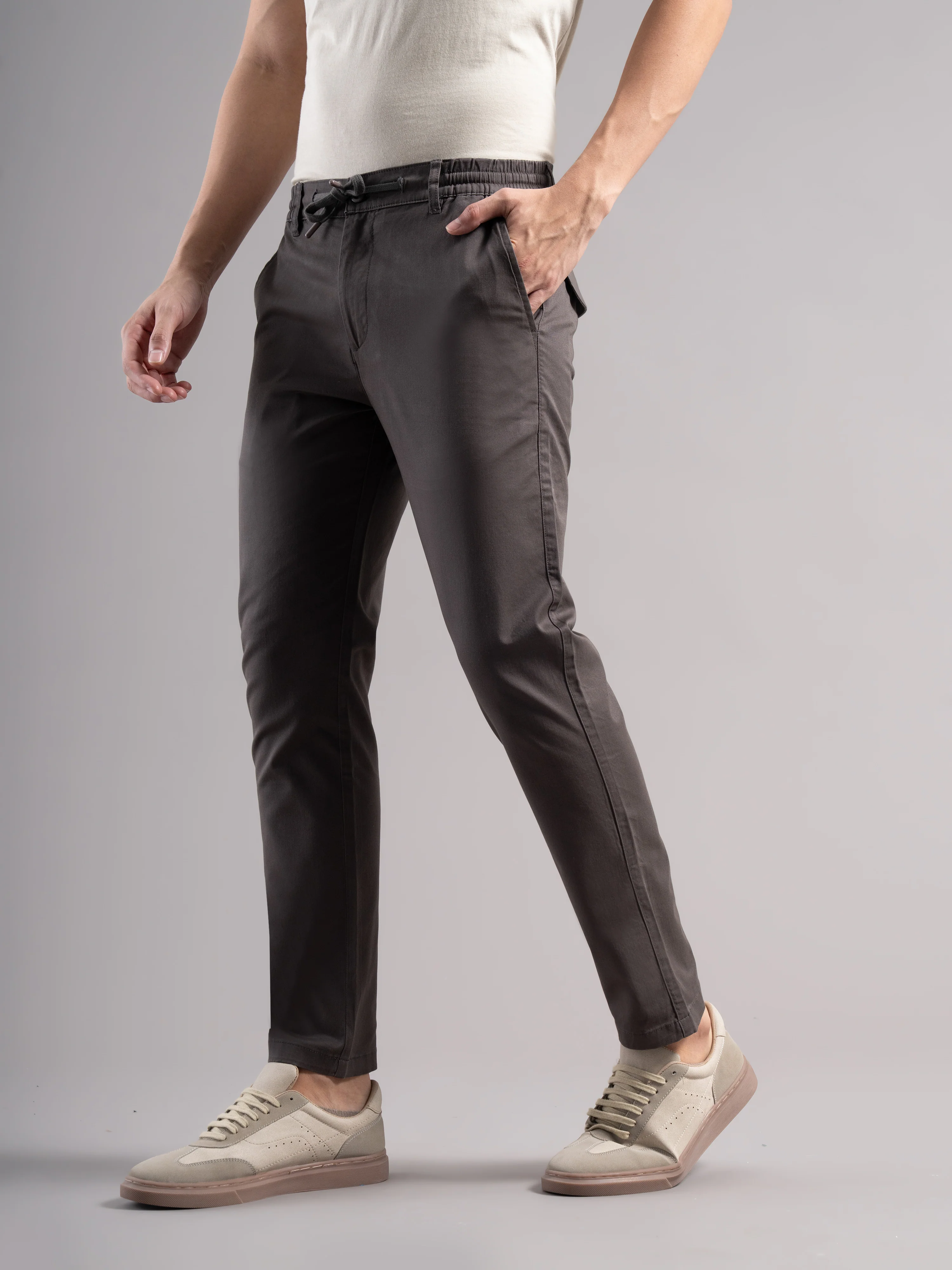 Men Grey Elastic Drawstring Trousers - Image 5