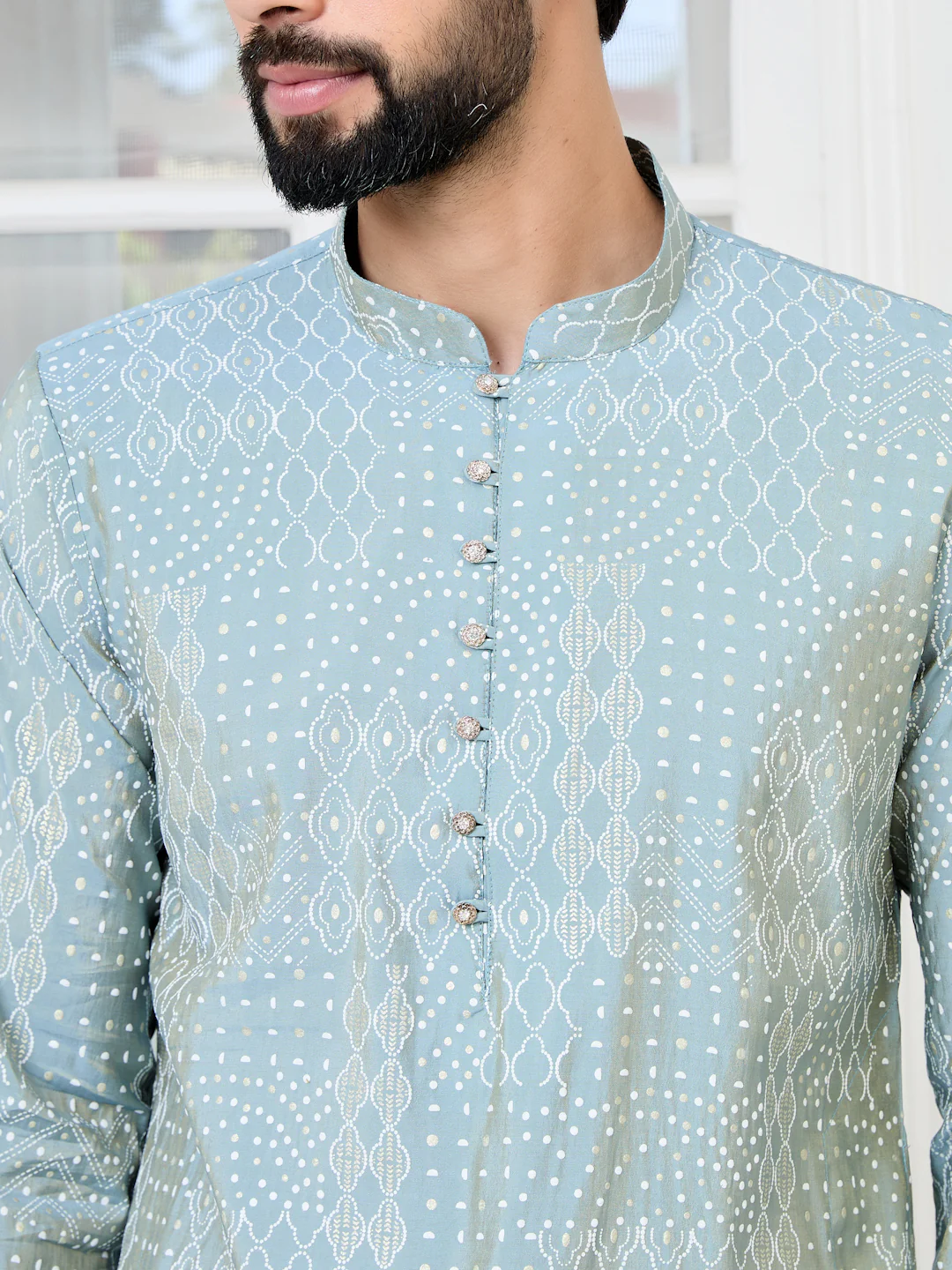 Men Grey Embossed and Foil Kurta - Image 2