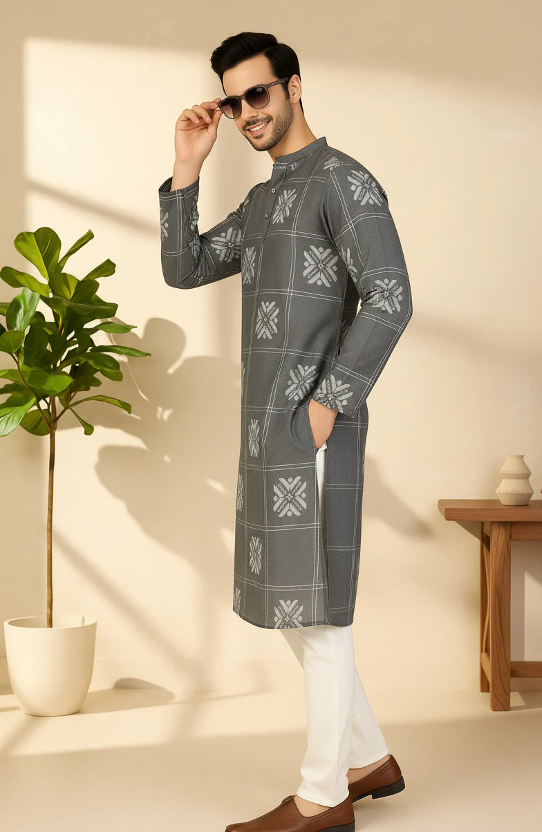 Men Grey Embroidered Kurta - Image 2