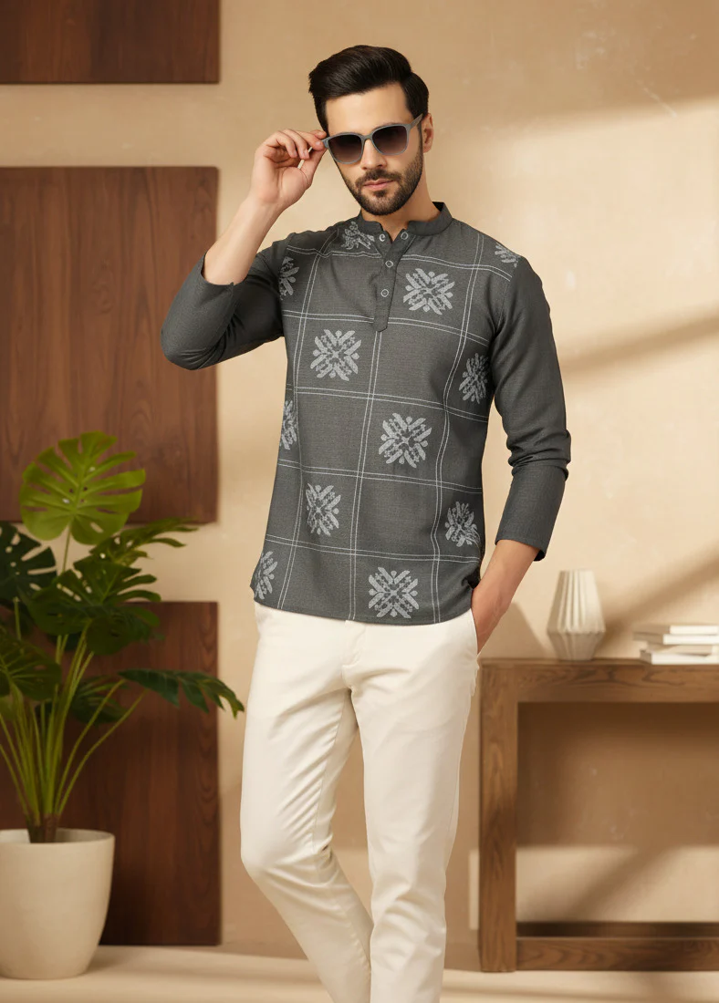 Men Grey Embroidered Kurta - Image 3