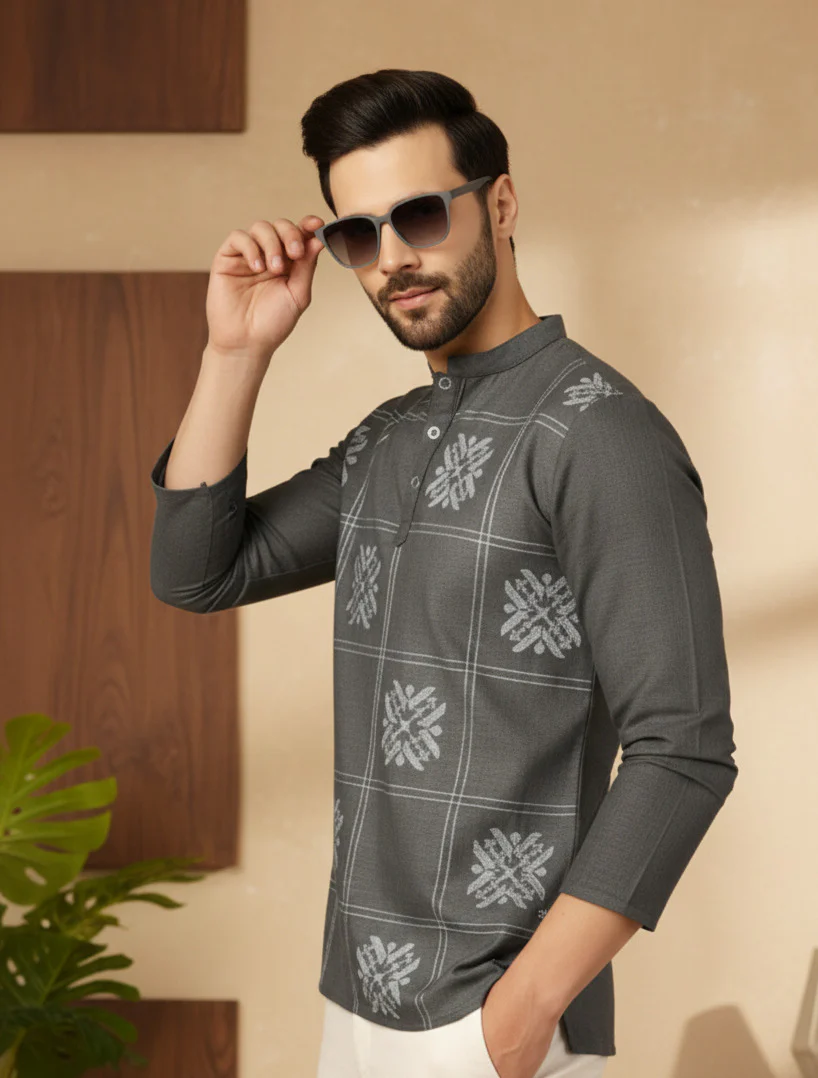 Men Grey Embroidered Kurta - Image 4