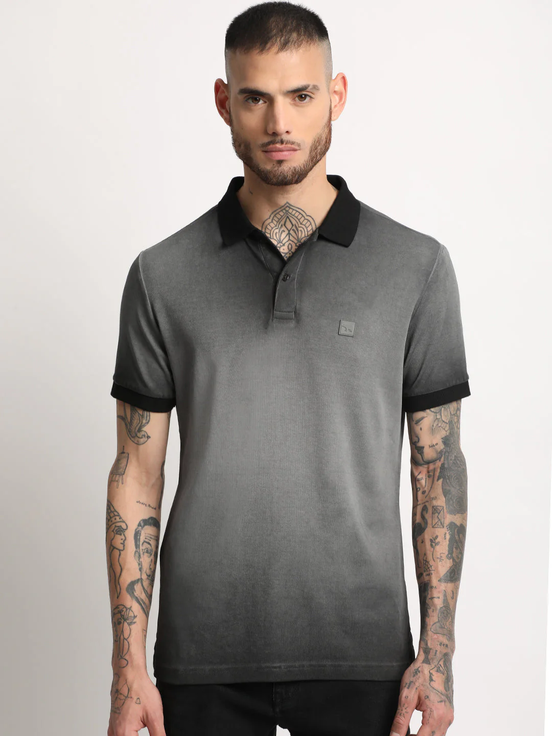 Men  Grey Faded Slim Fit Polo T-shirt - Image 2